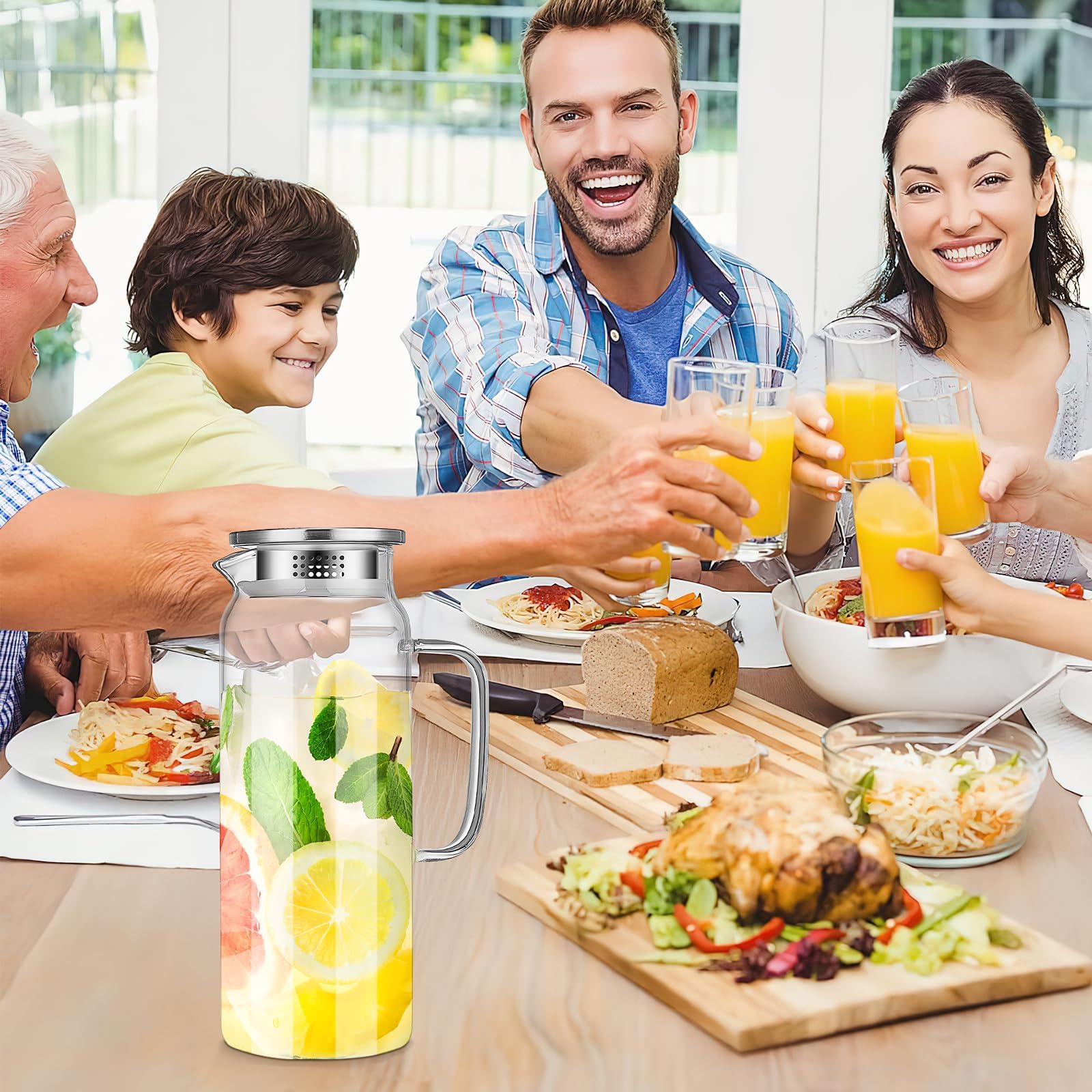 2 caraffa in vetro con coperchio, 2 l, brocca in vetro trasparente per caraffa, brocca borosilicata con manico per acqua calda e fredda, succhi di frutta, latte, tè, caffè e bevande in frigorifero