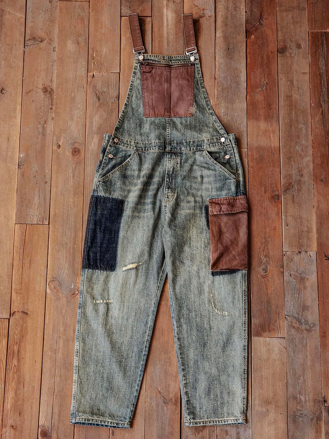MADEPANTS Men's Contrast Patchwork Overalls Distressed Denim Dungarees