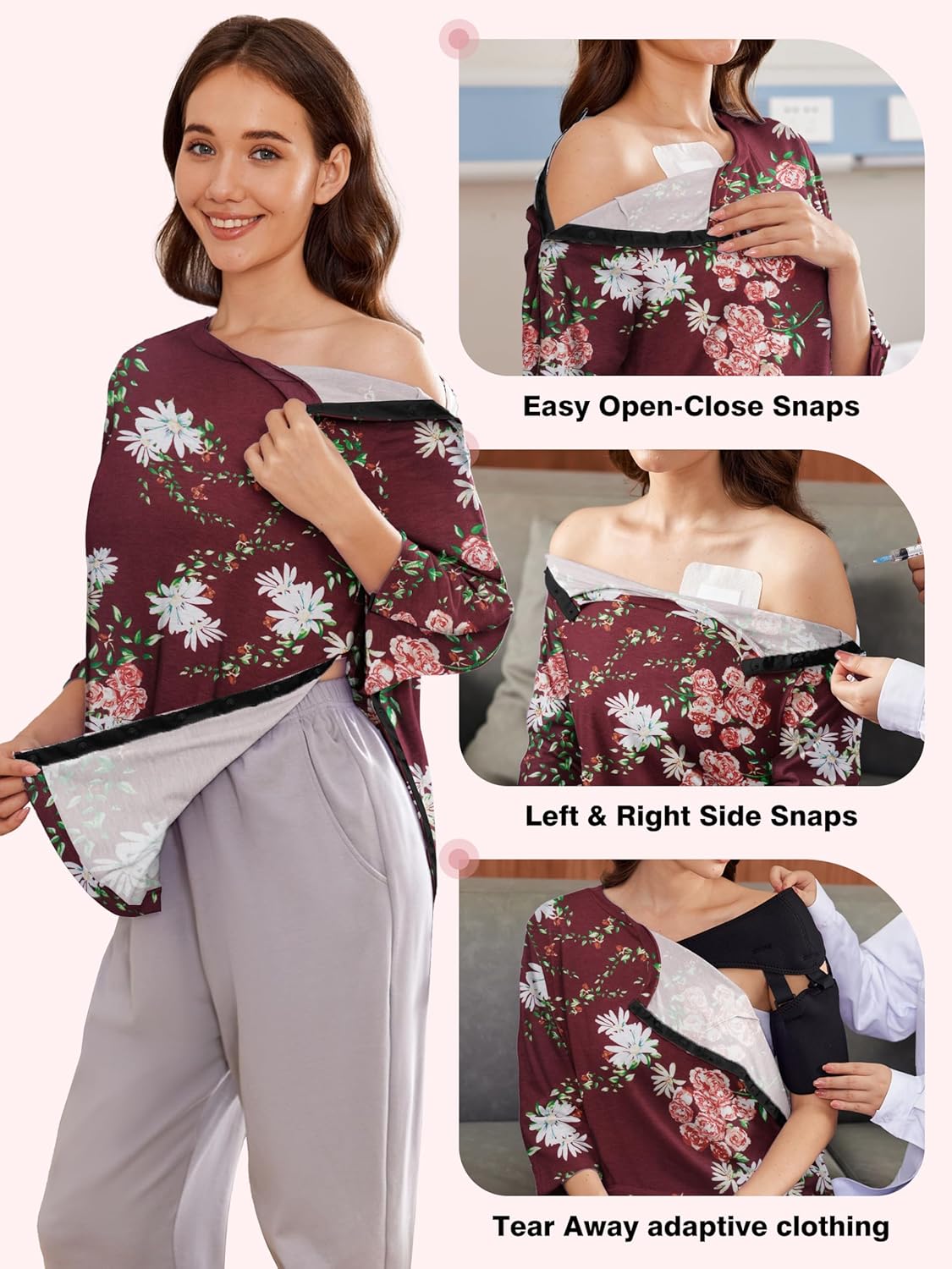 Deyeek Post Shoulder Surgery Shirts for Women Tear Away 3/4 Tops After Rotator Cuff Shirts Chemo Port Adaptive Clothing - Image 4