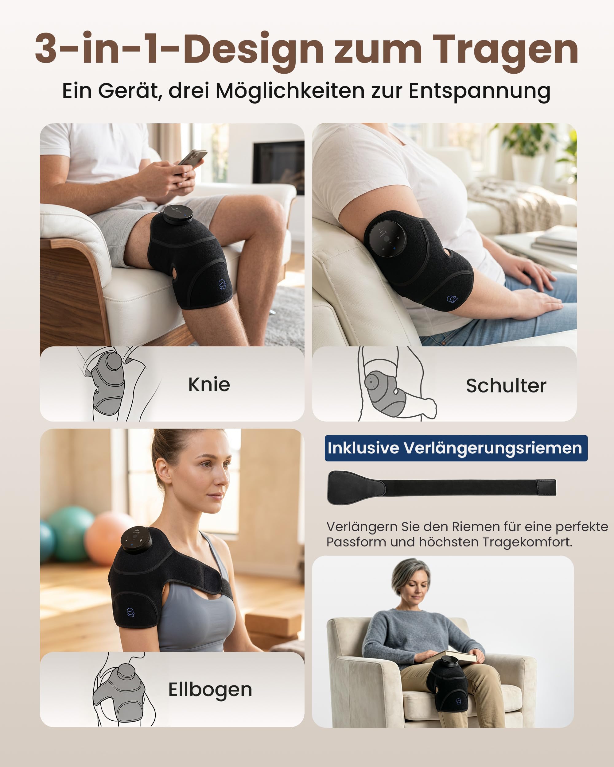COMFIER 3-in-1 Kabelloses Knie-Massagegerät mit verbesserter Graphenheizung | 4 Vibrationsmodi & 3 Heizstufen, 2500mAh Akku, Für Knie, Ellenbogen & Schultern, Geschenk für Männer und Frauen