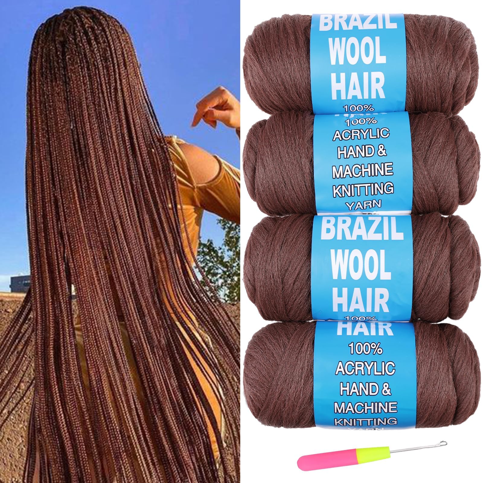 4 Pcs Brown Brazilian Wool Hair for Braids Acrylic Hand Knitting Yarn for Braiding Hair Faux Locs Crochet Hair Boho Box Crochet Braids Synthetic Braiding Hair Extensions(#30)
