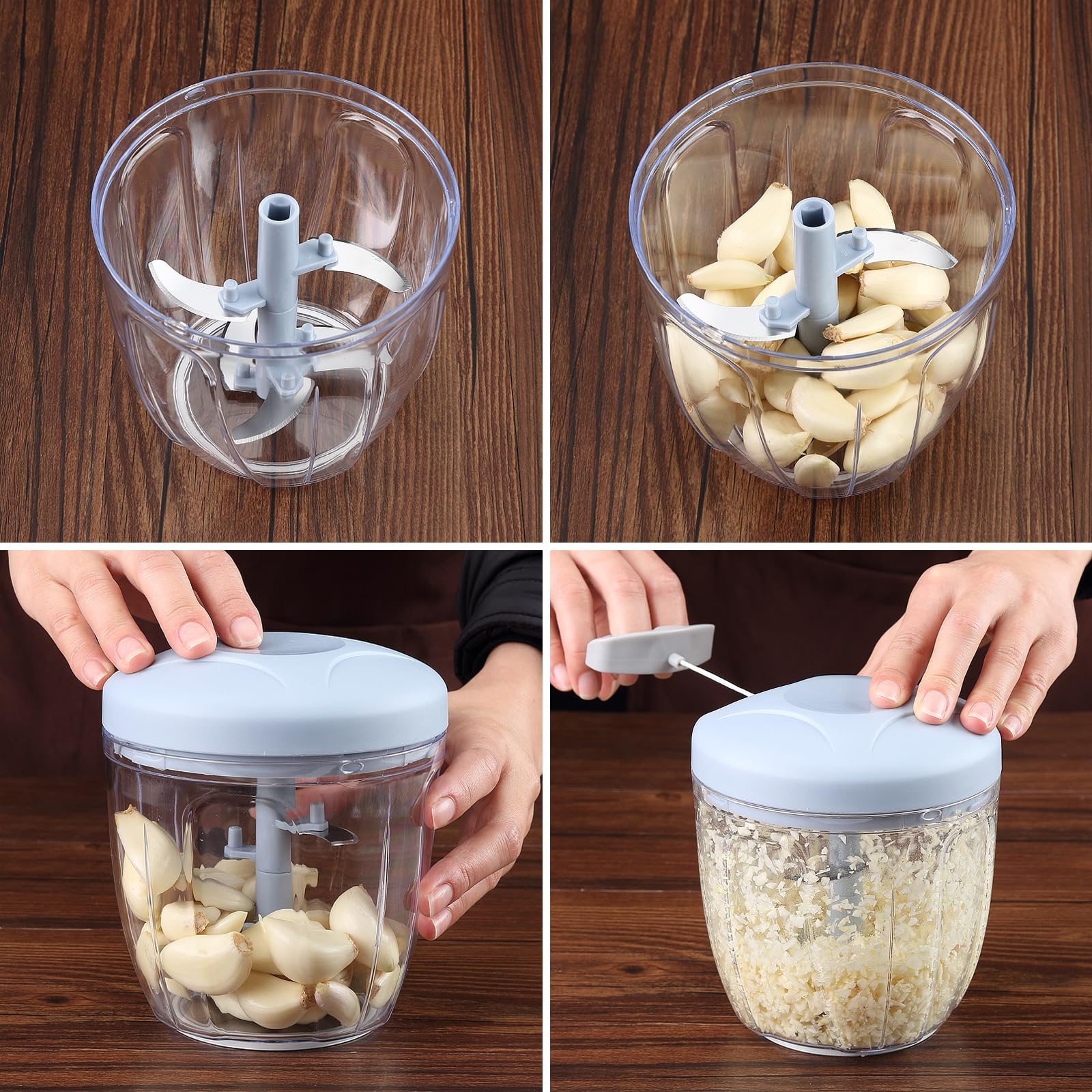 Picadora de ajo, cortador de mano, procesador de alimentos, picador de verduras, para cebolla, jengibre, frutas, nueces, hierbas, apto para lavavajillas (gris, 31.4 fl oz) 3