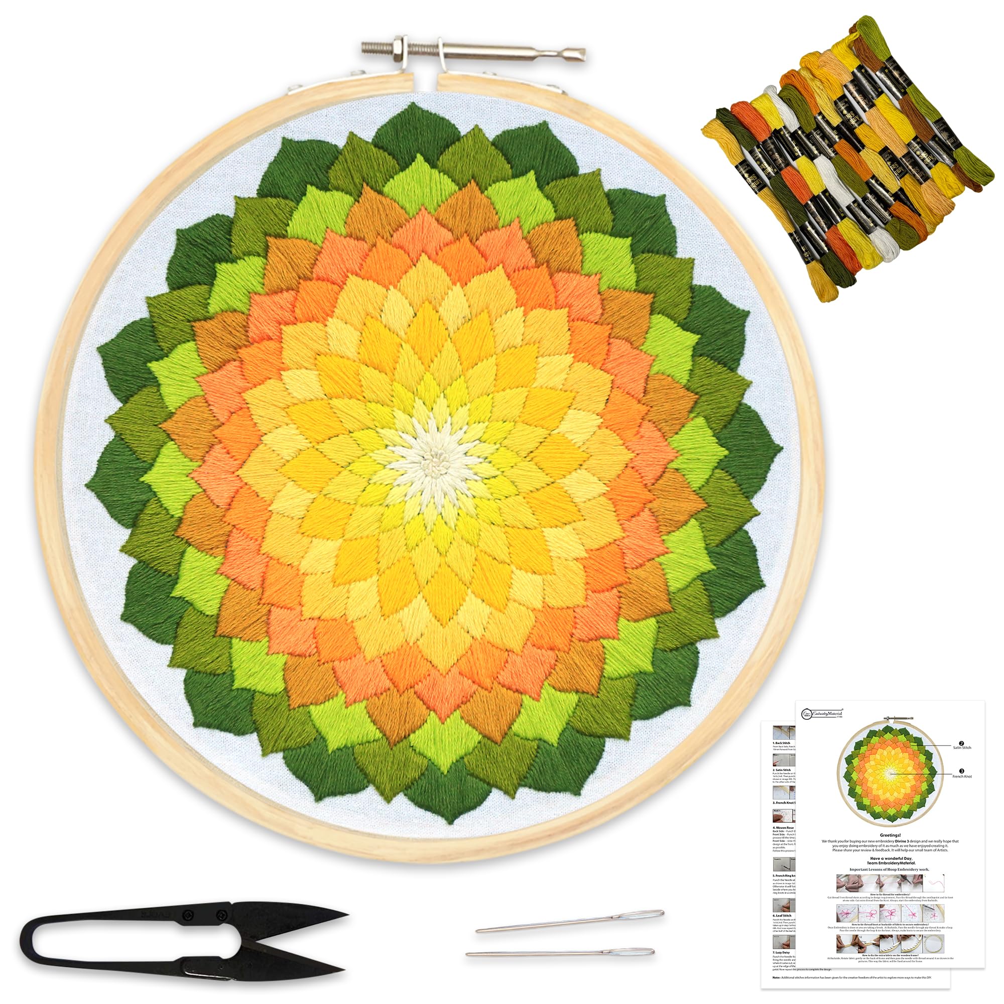 Embroiderymaterial DIY Embroidery Kit for Beginner, Adults & Kids with Green Divine Circle Design Digital Printed Cloth/Fabric & Written Instructions All Material Included
