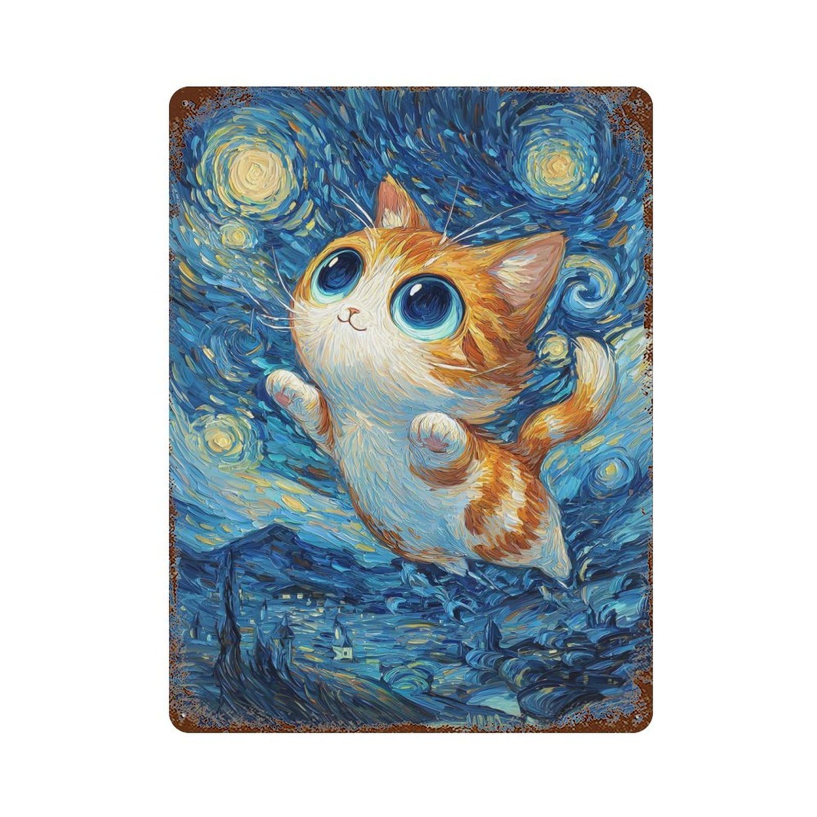 Cat in Starry Night Style Decorative Tin Sign 15.7"x11.8", Ideal for Cafe, Home Bar And Lounge Decor