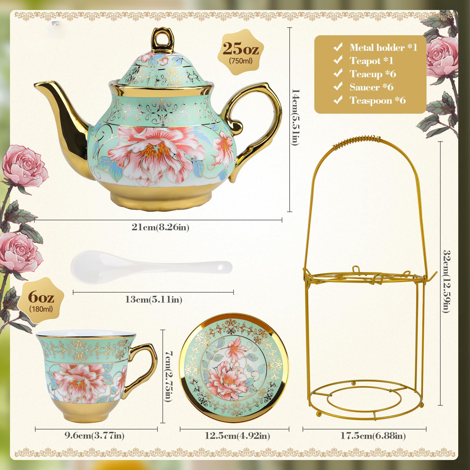 Serwis do herbaty, 20-częściowy, porcelanowy zestaw do herbaty w stylu vintage, z metalowym stojakiem, motyw kwiatowy i złota krawędź, dzbanek do herbaty 700 ml i filiżanki do herbaty 160 ml | Wzornictwo vintage z motywem kwiatowym i metalowym stojakiem.