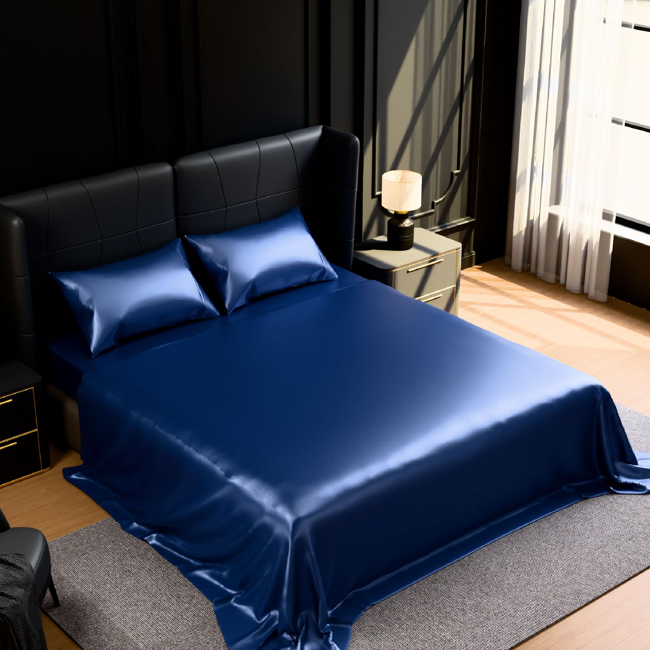 FLEXISPOT Ultra-Soft Satin Sheets Queen Size Bed Set Luxury Soft Navy Blue Silky Sheets for Hair and Skin