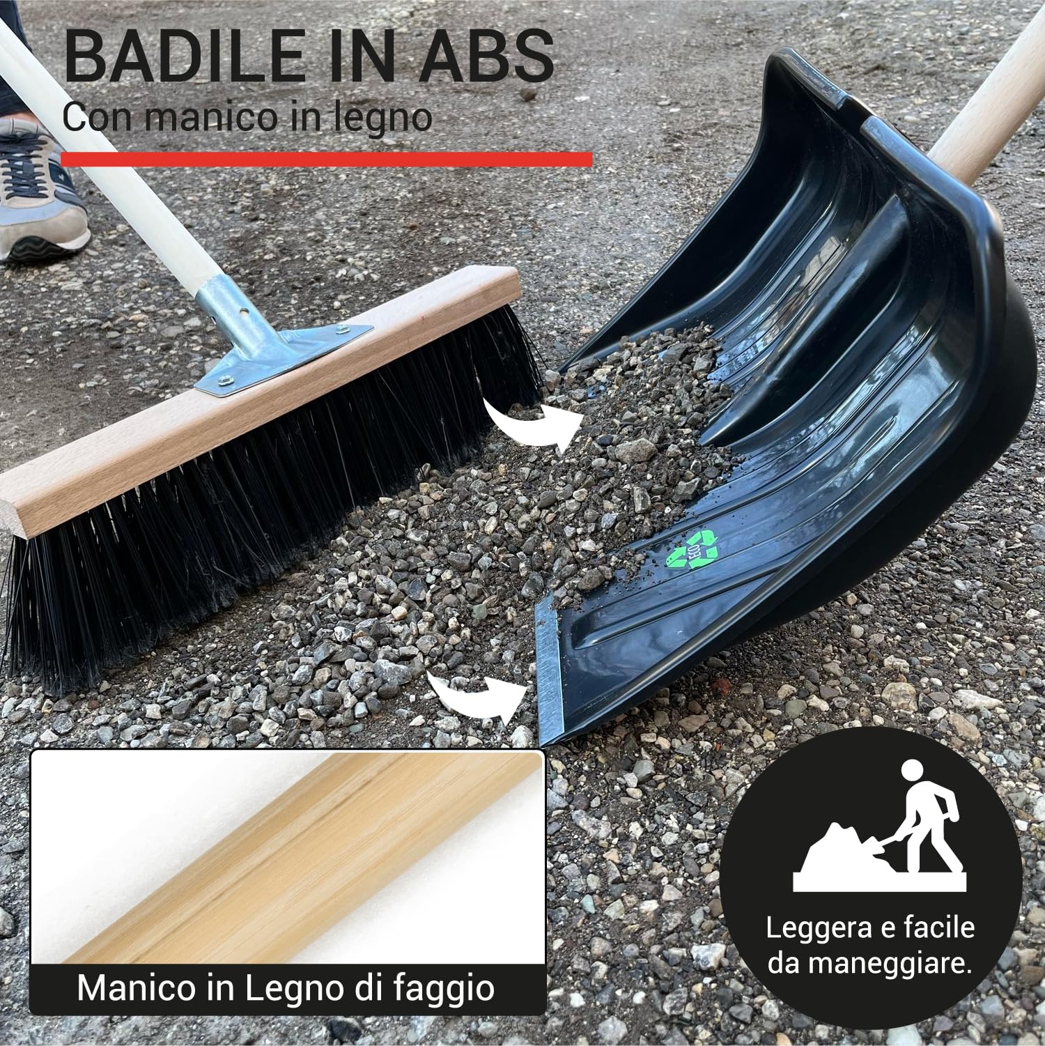 Crisalide® - Baie super résistante professionnelle 32 x 40 cm, extrémités renforcées en aluminium anti-choc, poignée 80 cm, polyvalente pour usage agricole, jardinage et construction, pelle