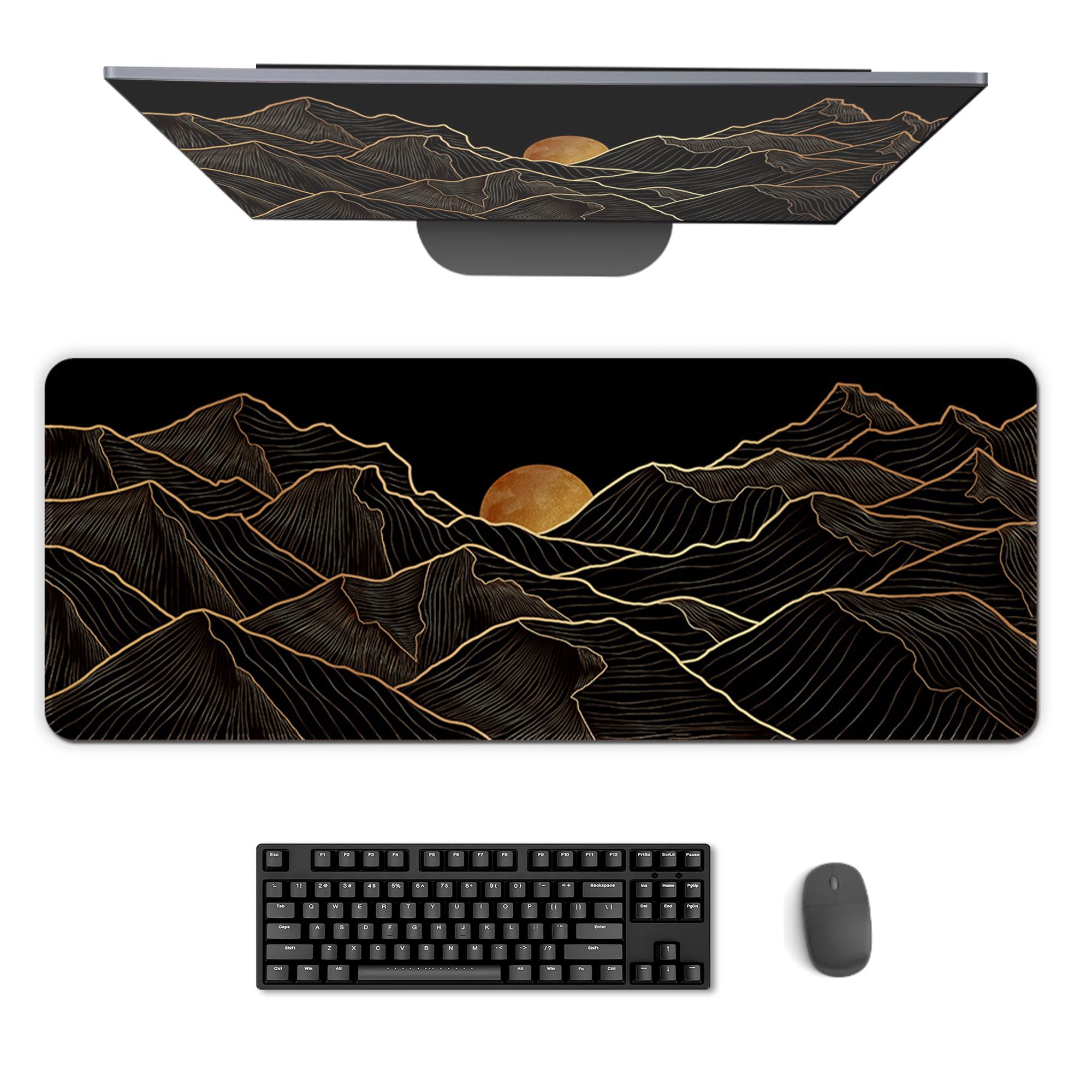 Alfombrilla de Ratón XXL 90x40cm con Diseño Montañas Doradas al Amanecer Base de Goma Antideslizante Bordes Cosidos Mejora la Precisión y Velocidad Ideal para Gaming Oficina y Estudio