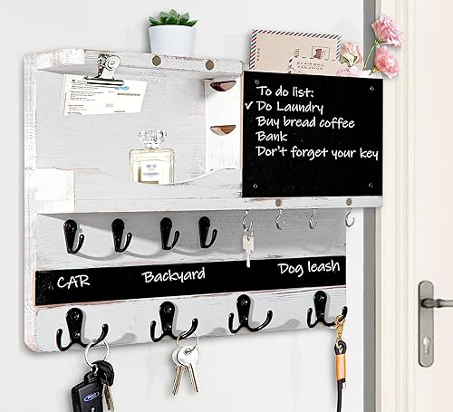 Soporte para llaves y correo de granja para decoración de pared, organizador rústico de correo y llaves para pared con diferentes ganchos, pizarra,