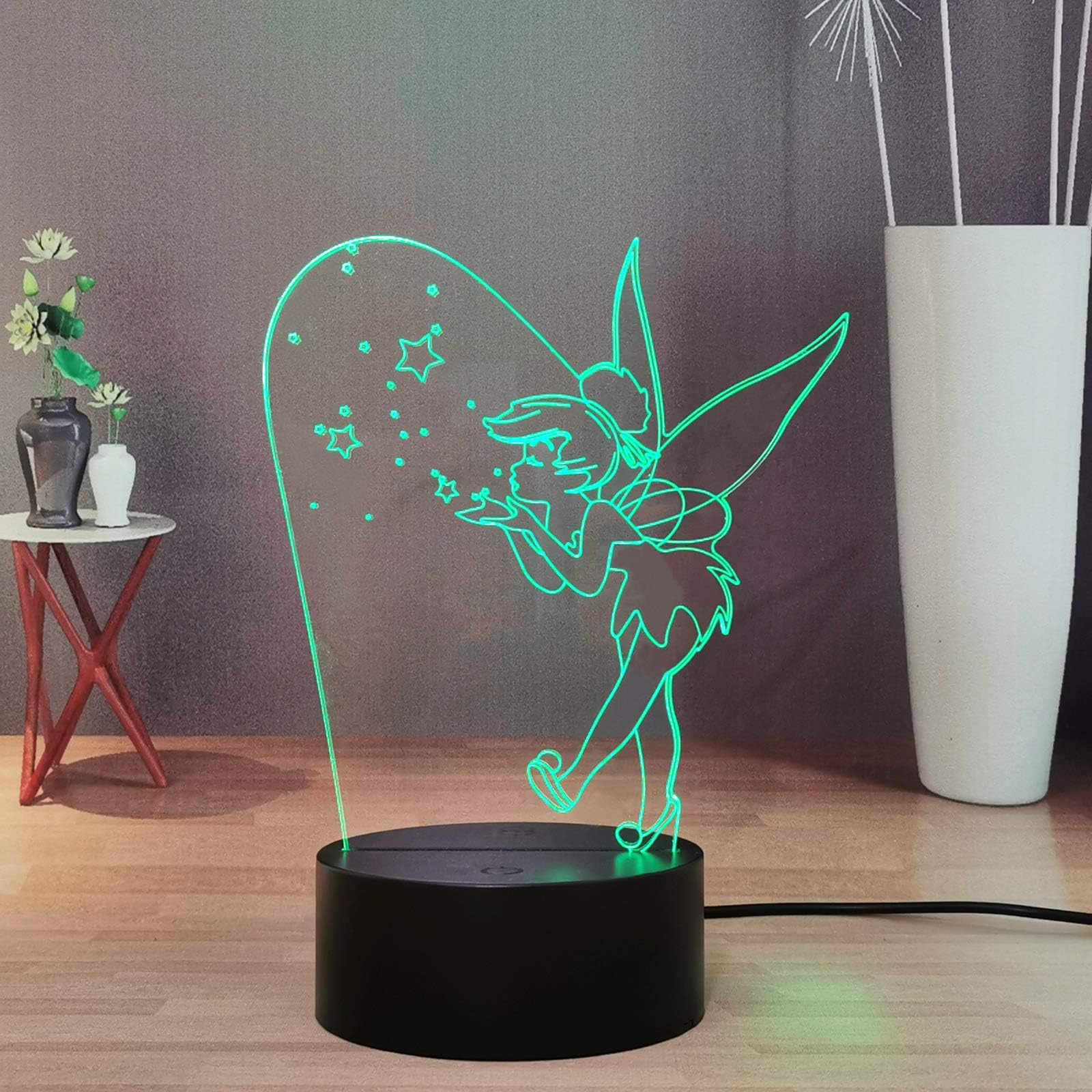 Lovely Tinker Bell 3D Visual Night Lamp for Kids/Boys's Birthday Christmas Lighting, 7 Colors Changing Remote Control LED Nightlight, Child Bedroom Desk Decor Lighting (Tinker Bell Stars)