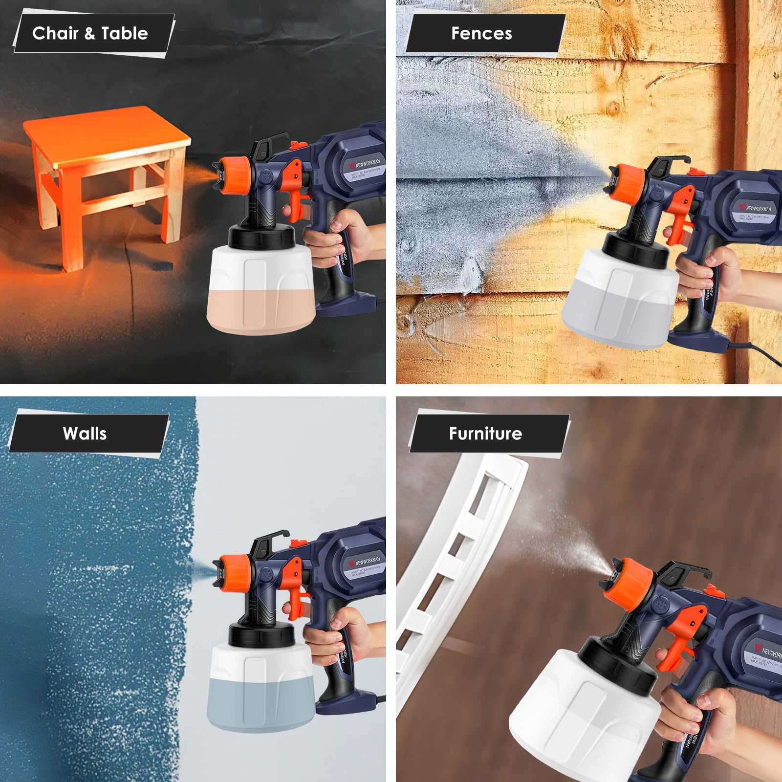 Pistola de pintura eléctrica, 650W Pulverizador de pintura con depósito de 1400 ml, 4 boquillas, 3 patrones, cepillo de limpieza, guantes y gafas de seguridad para pintar casas, vallas, enchufe UE