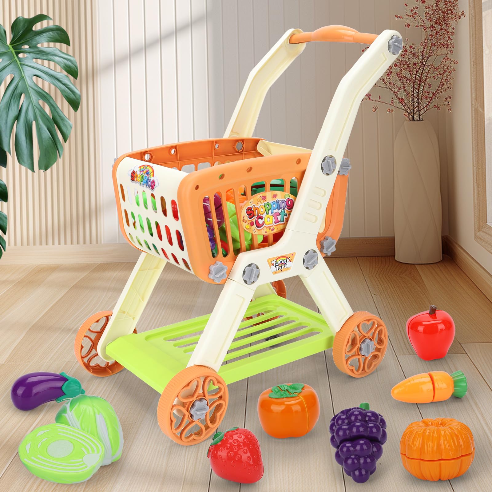 Kids Shopping Cart with Cutting Play Food Set for Kids Kitchen, 2 in 1 Shopping Cart for Kids Grocery Store Pretend Play Kitchen Accessories Sorting Food Bucket Learning Toys Gift for Toddler 3-5