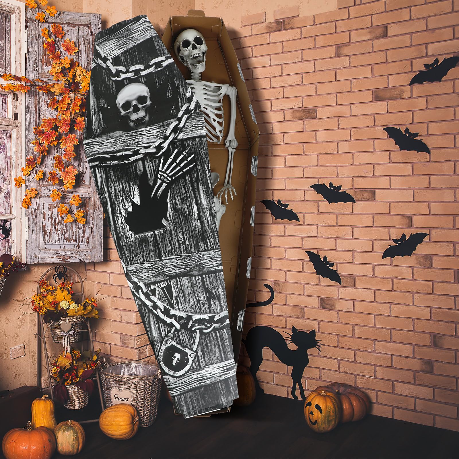 5.5 ft halloween coffin cardboard halloween casket decoration stand up skeleton and chain scary fake casket props creepy haunted house party supplies for outdoor graveyard lawn(no skeleton)
