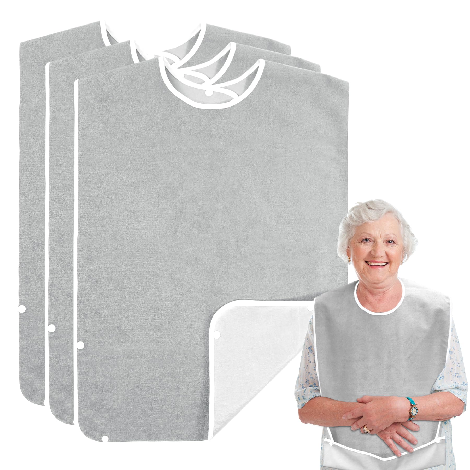 Wenya Unisex Grey 3 Pack Adult Bibs For Eating, Washable And Reusable Clothing Protectors For Adult, Waterproof Feeding Bibs Clothing Protectors For Adult, Elderly And Disabled (Grey)