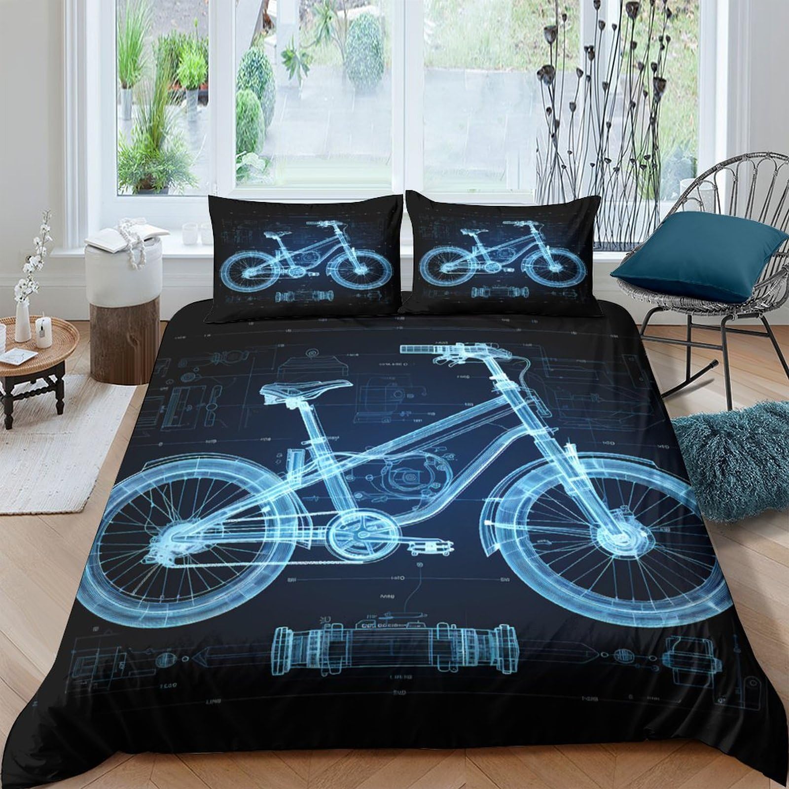 Ctjqhvkz Style-4 3D Printed Blueprint Bicycle Fitted Sheet Microfiber Black Bed Cover Easy Care For Bedroom Dorm Apartment Décor Single（135X200cm）