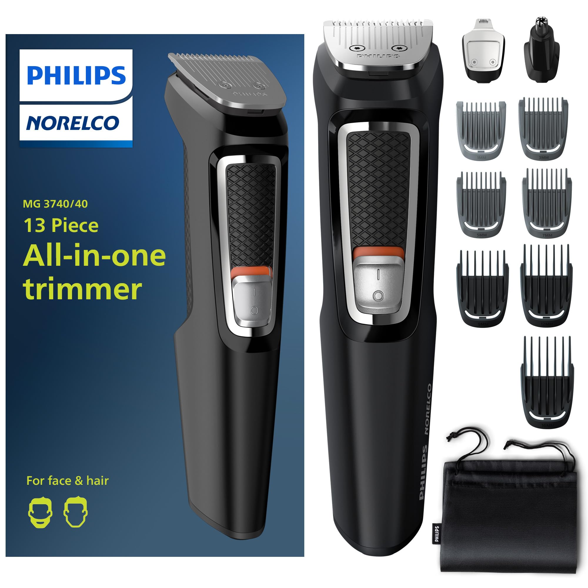 Multi-Groomer Series 3000, Powered Electric Trimmer MG3740/40, 1 Each - 13 Pieces - Easily Clean Blades and Guards by Detaching from Handle and Rinsing Under Water