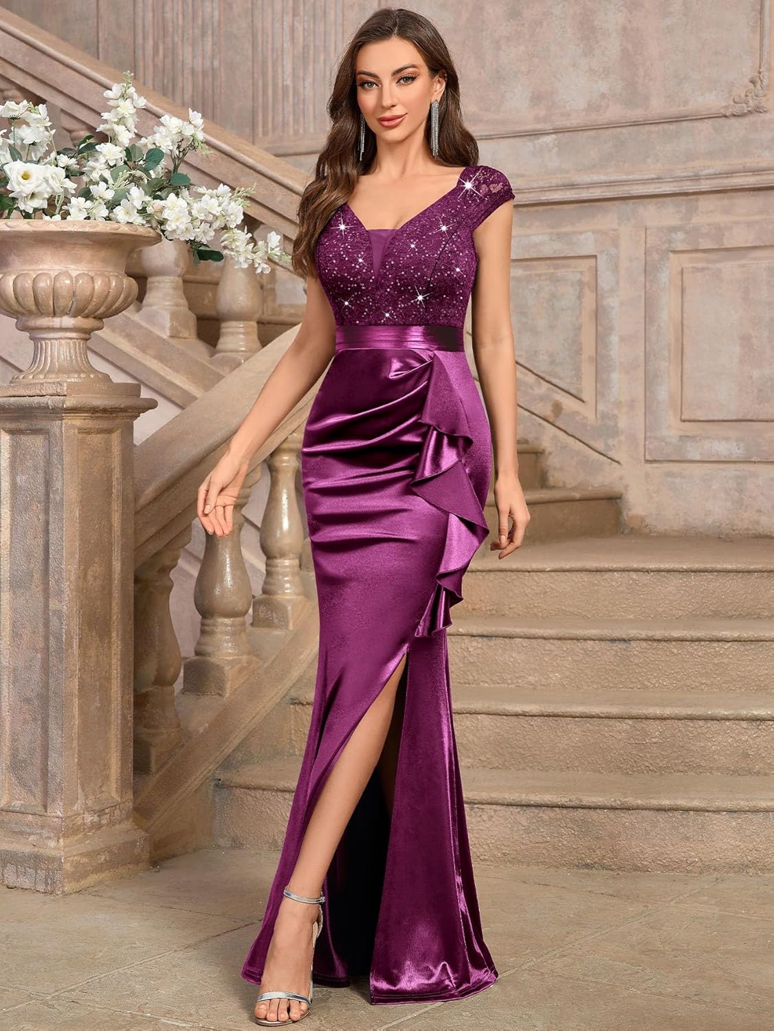 Miusol Women's Vintage V-Neck Slim Style Ruffle Split Evening Formal Maxi Dress - Image 6