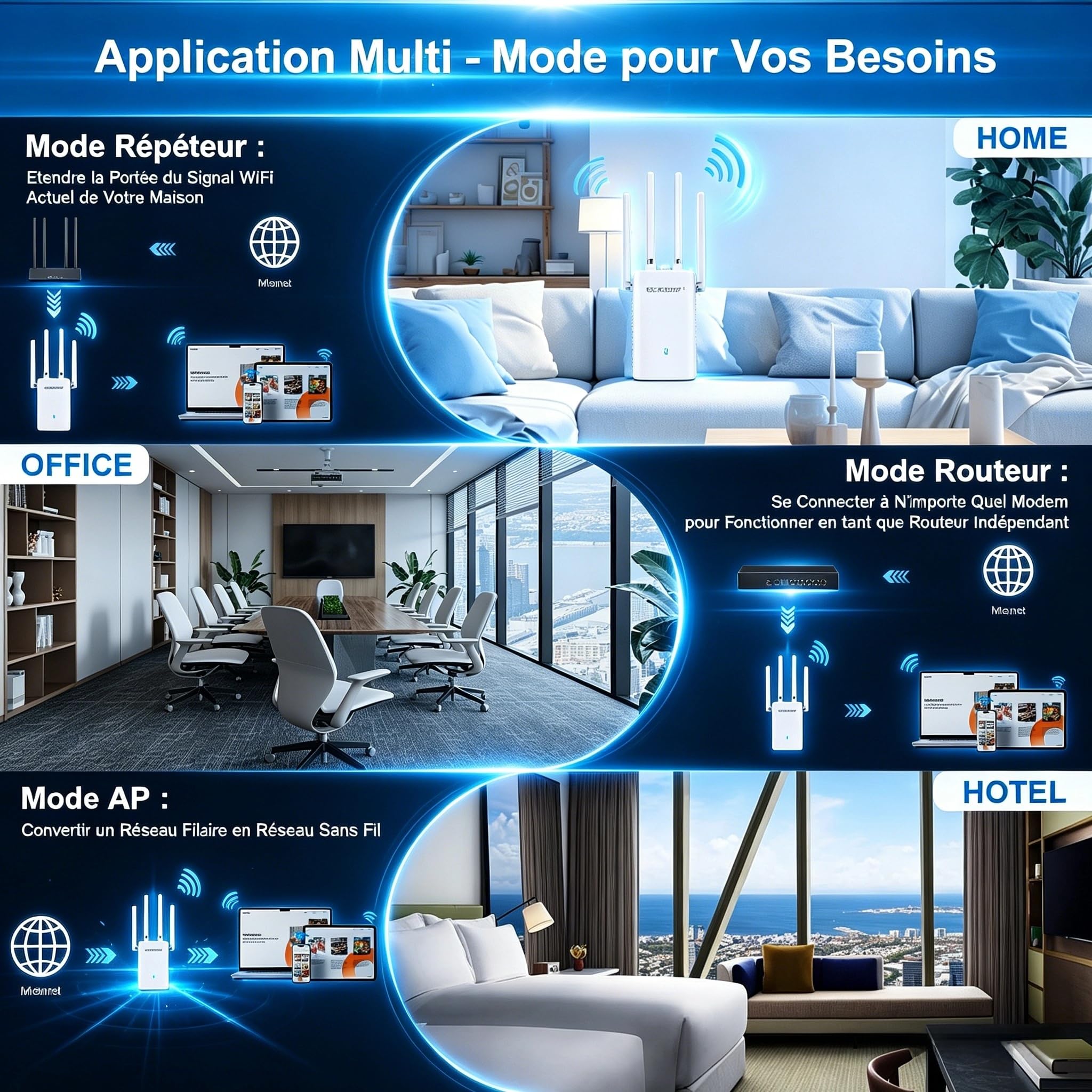 COMFAST Répéteur WiFi AC1200 Mbps, Amplificateur WiFi Puissant Double Bande avec 4 Antennes Haut Gain, Couverture 360°, Configuration WPS One-Touch, Port LAN, Compatible Toutes Les Box Internet
