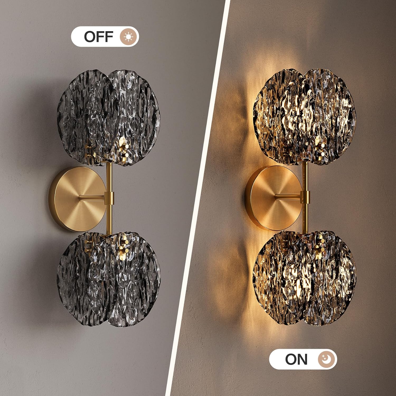 Tribesigns 2-Light Crystal Wall Sconce,Brass Gold Finish Wall Light with Textured Smoke Glass Shade,Luxury Vanity Light for Bedroom,Living Room Bathroom