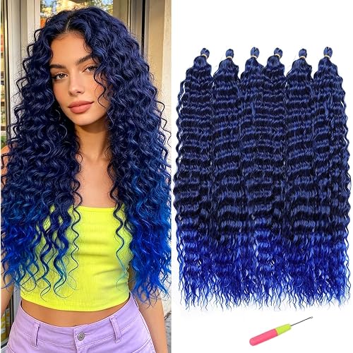 MAYSA Blue Curly Crochet Hair Extensions 30inch, Ocean Wave Braiding Crochet Hair, Synthetic Colored Crochet Hair Extensions for Women 6Packs #1BTblue