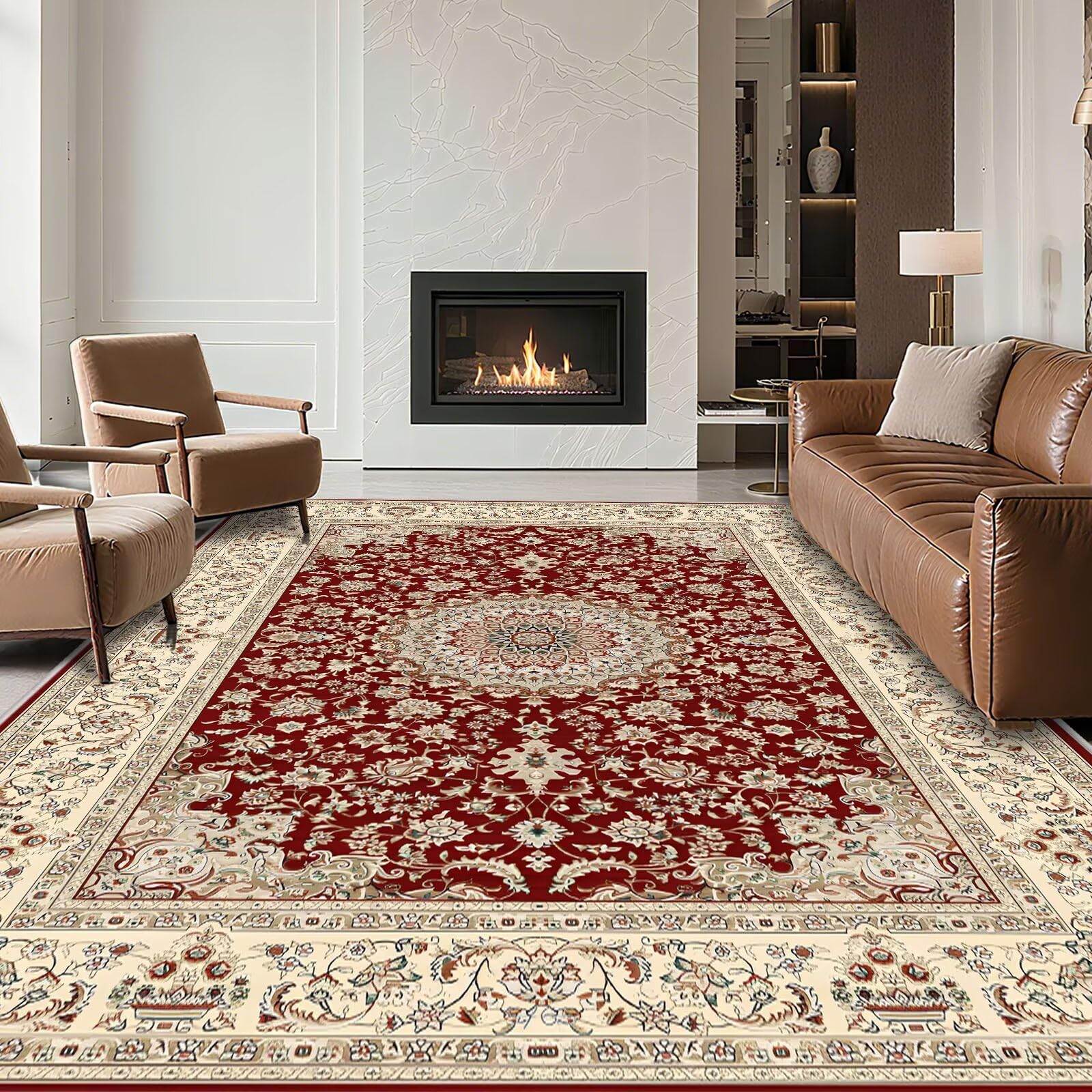 Tapis de Chambre Antidérapant 200x300cm,Grand Tapis Rouge,Style Perse pour Parquet,Terrasse,Parc