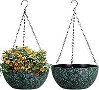 WSMKSZ 13 Inch Large Hanging Planter Pots 2 Pack with Drainage Holes & Chains - Black Green Speckles for Indoor Outdoor Plants