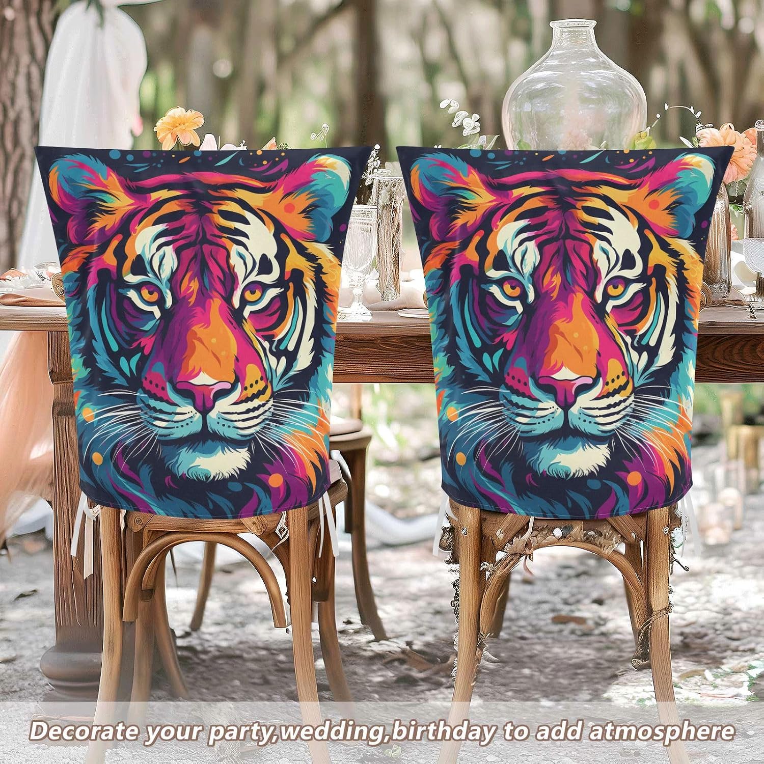 ALAZA Colorful Tiger in Pop Style Chair Back Cover Set of 6, Washable Reusable Removable Chair Slipcovers Decorative Chair Cover for Home Kitchen Wedding Party