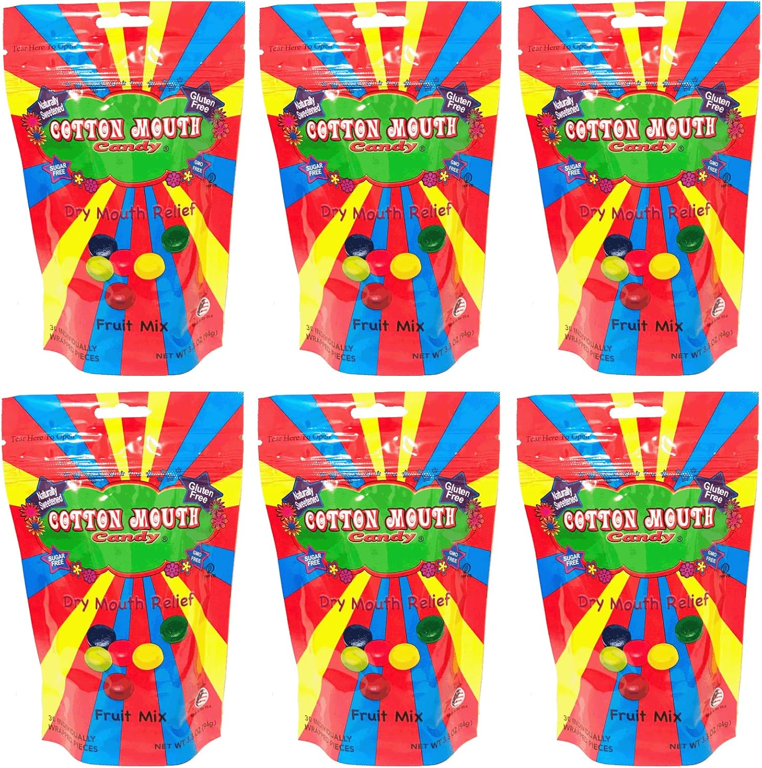 Cotton Mouth Candy Dry Mouth Relief Fruit Mix 3.3 Ounce Bag (6 Bags) | Relieves Dry Mouth & Increases Saliva Production, Sugar Free, Gluten Free, Delicious Fruit Flavor, Individually Wrapped, 30 Ct