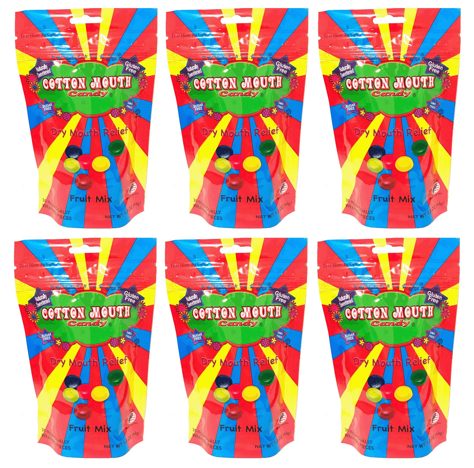 Cotton Mouth Candy Dry Mouth Relief Fruit Mix 3.3 Ounce Bag (6 Bags) | Relieves Dry Mouth & Increases Saliva Production, Sugar Free, Gluten Free, Delicious Fruit Flavor, Individually Wrapped, 30 Ct