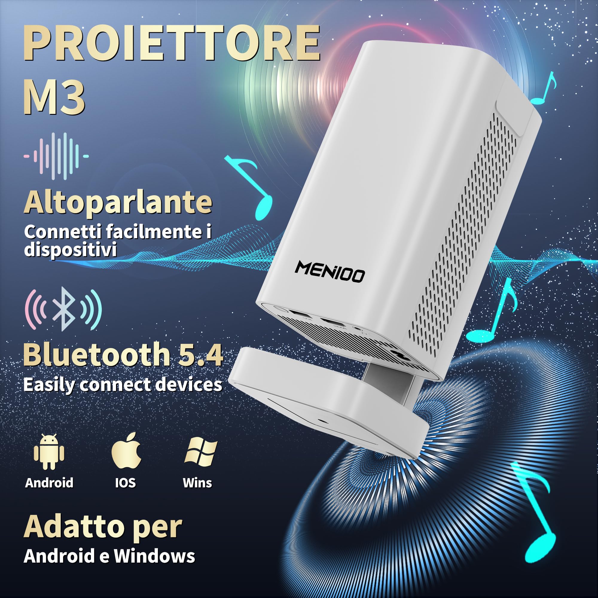 [2026 Upgraded & Apps Integrate] Proiettore 4K Support 1080P & Auto Focus/Keystone e Rotabile 90°, Mini Proiettore con WiFi 6 e Bluetooth 5.4 Compatibile con HDMI/TV Stick/Memory Stick/Laptop - Bianco