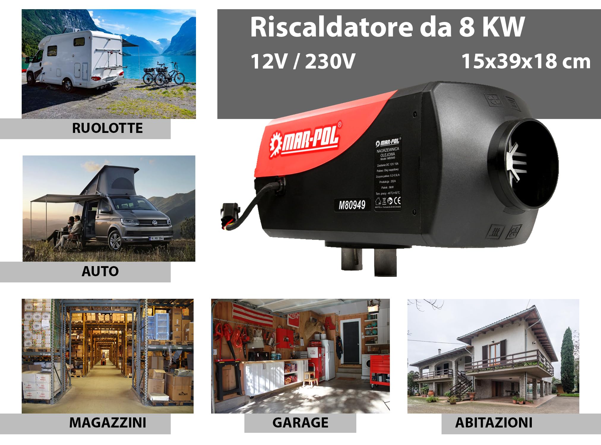 IMJ-Global Riscaldatore d’Aria Stufa Portatile | a Diesel Gasolio | 12V/230V | Potenza 8 kW | 15x39x18 cm | con Telecomando | per Roulotte Auto Garage Magazzini Abitazioni