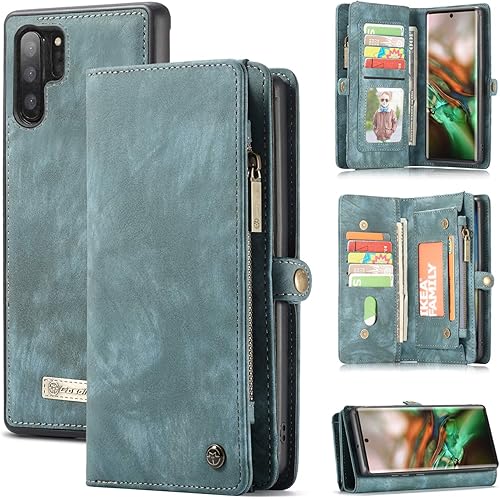 Funda tipo cartera para Samsung Galaxy Note 10 Plus, 2 en 1, de piel duradera, magnética, desmontable, con ranuras para tarjetas, cremallera y funda
