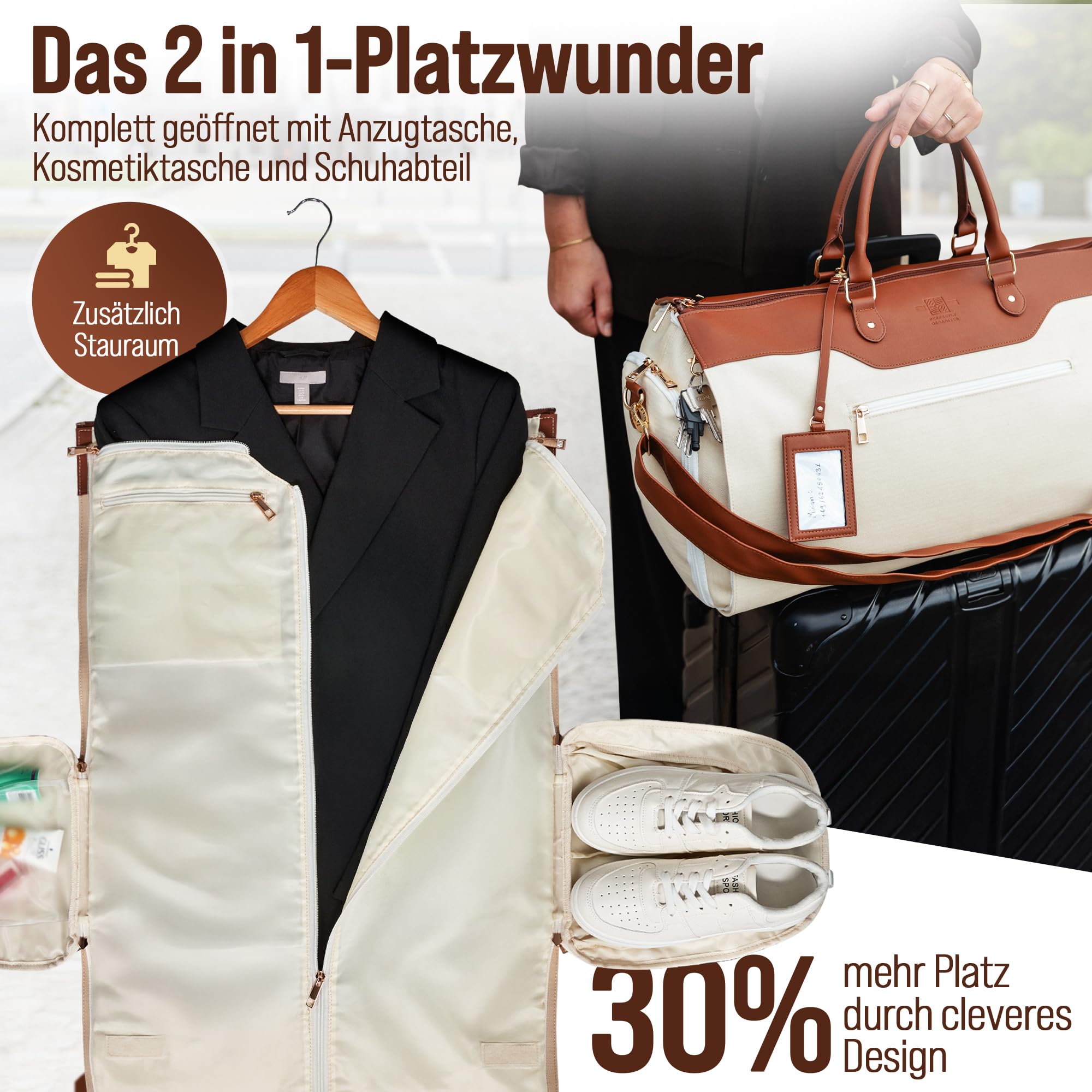 Kleidersack Reisetasche 40L Handgepäck – 2in1 Garment Bag mit Schuhfach – Knitterfrei für Anzug & Kleid – Business Weekender wasserabweisend – Premium Reisetasche Perfectly Organized