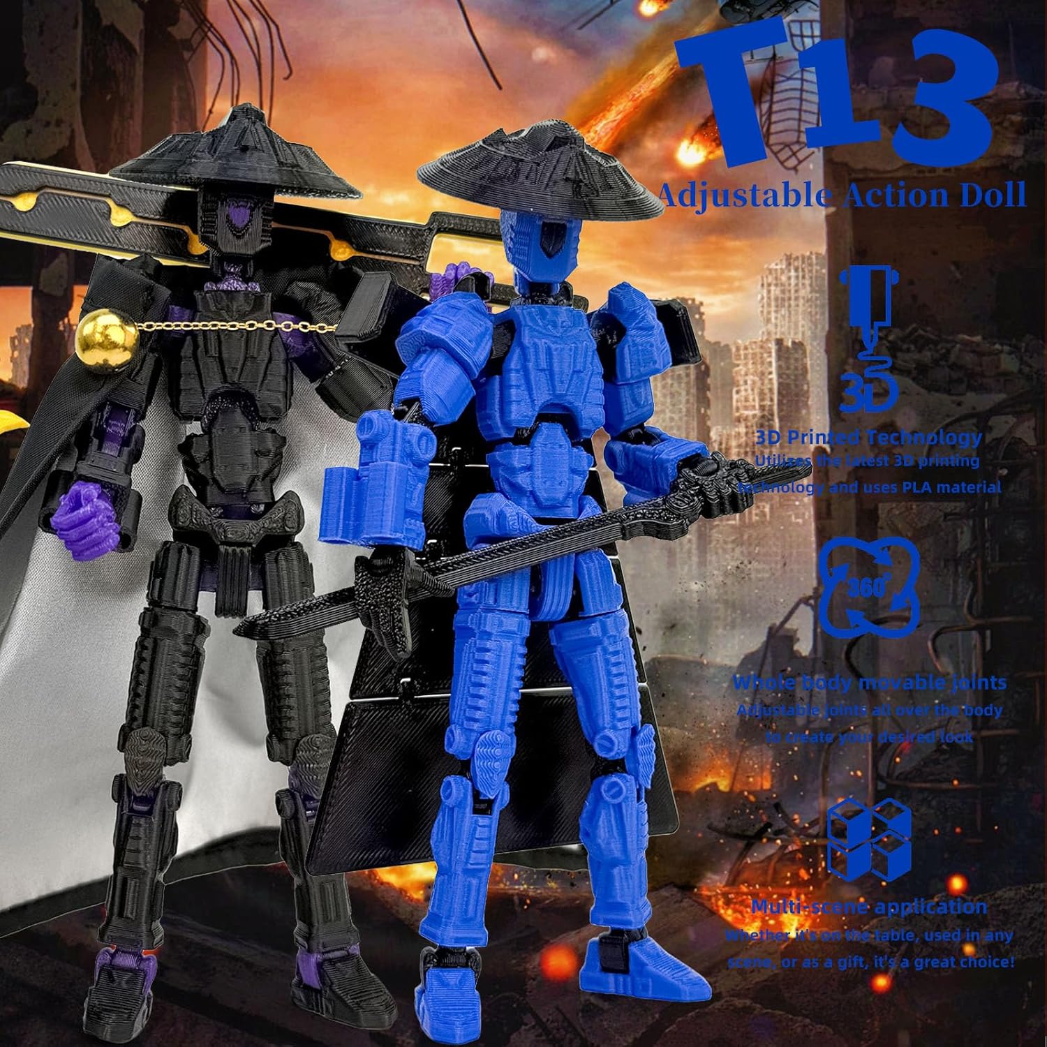 T13 3D Printed Action Figure Set – 2PCS Fully Assembled Multi-Jointed Robot Toys with Accessories, Poseable Movable Figures for Stop Motion Animation, Desktop Decor, Collectors Gift