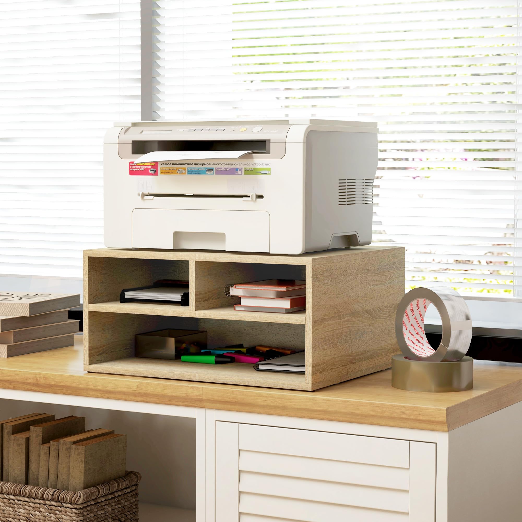 HOMCOM Supporto per stampante per scatola da ufficio, mobile da ufficio, con 3 scomparti, organizer da ufficio, 47 x 40 x 22,5 cm, effetto legno naturale