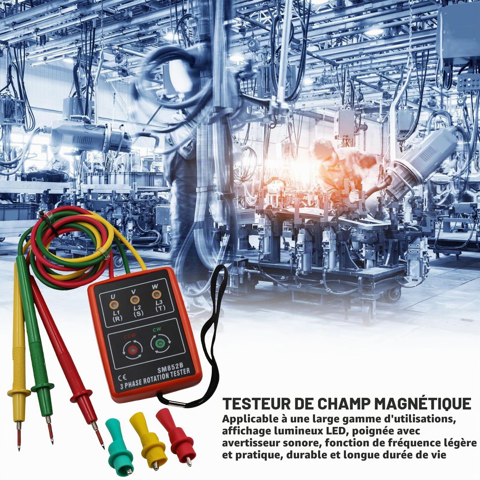 Testeur de phase portable à 3 phases : compteur de champ rotatif AC 60 V ~ 600 V, testeur de rotation à 3 phases, testeur de tension avec buzzer et pinces crocodiles pour appareils de haute