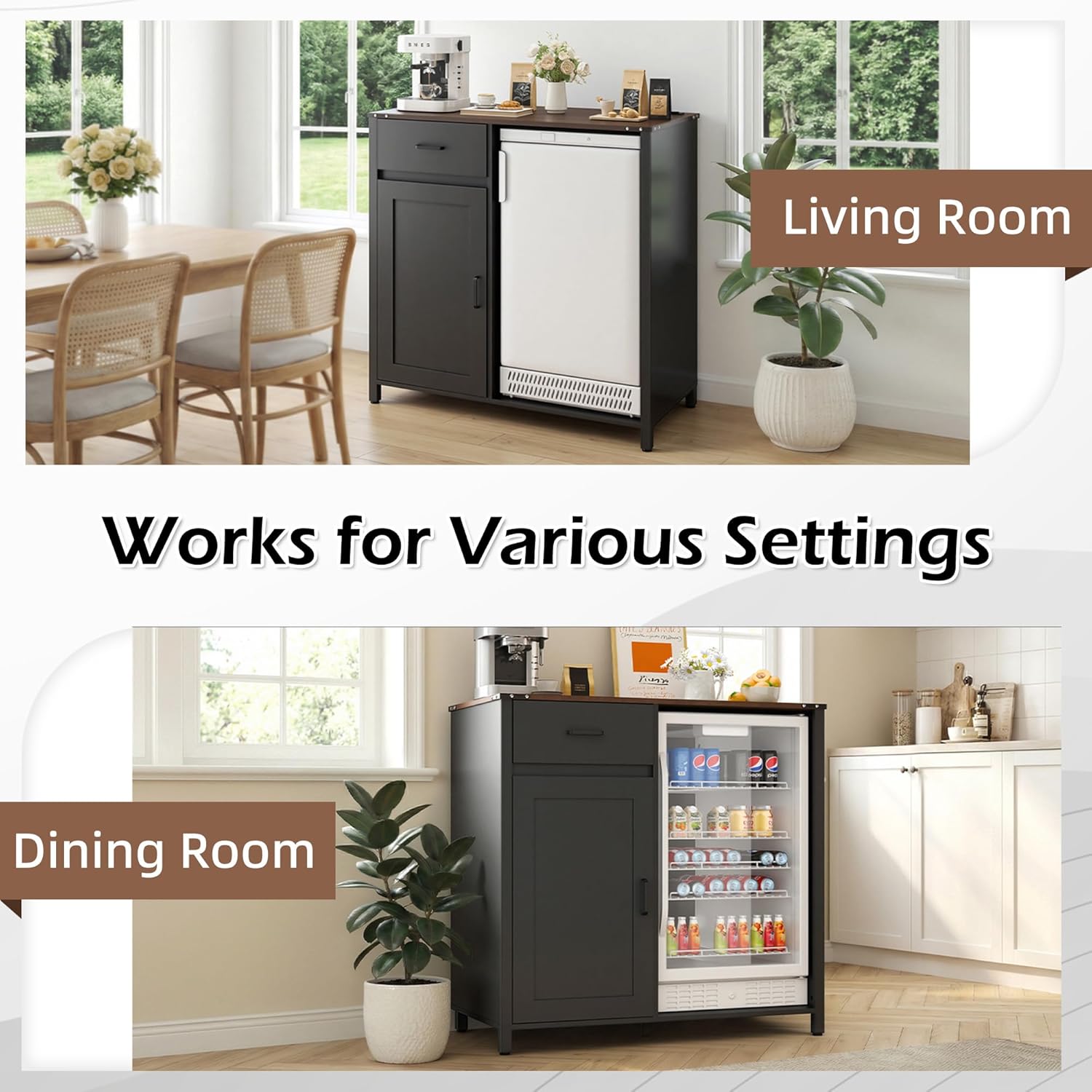 HOMREST Mini Fridge Cabinet with Power Outlets, Coffee Bar Cabinet with Fridge Space & Storage Drawer, Wine Bar Cabinet Buffet Sideboard Table for Kitchen, Dining Room or Living Room, Black