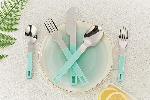 Miniatura 6 de ANNOVA Juego de cubiertos de acero inoxidable con mango de bloque de color, 4 cuchillos, 4 tenedores de cena, 4 tenedores de cena, 4 tenedores de