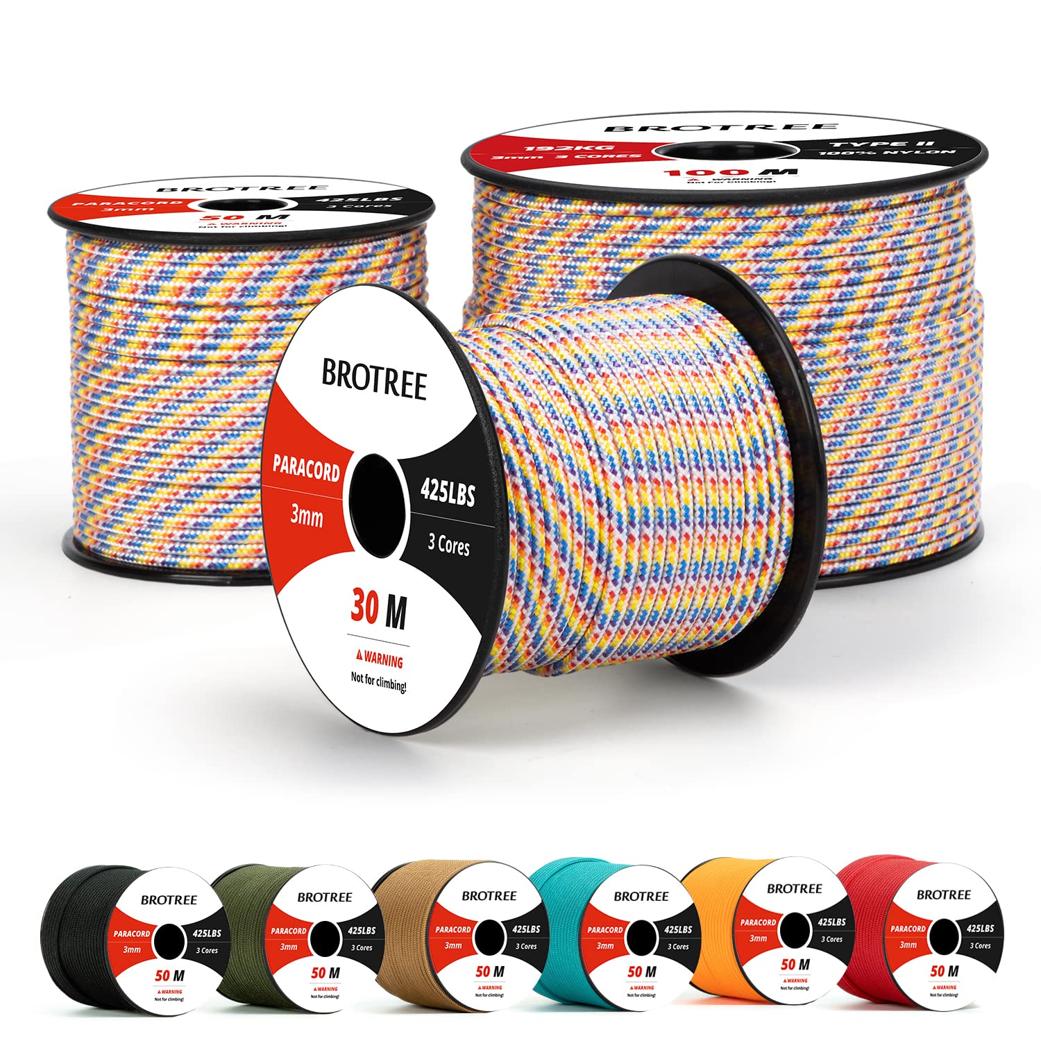 Brotree Paracord 3mm 30M Corda 100% Nylon Tipo II 3 Fili Corda Paracord 425 per Esterno, Artigianato, Fatto a Mano - 192 kg Carico di Rottura (Arcobaleno)