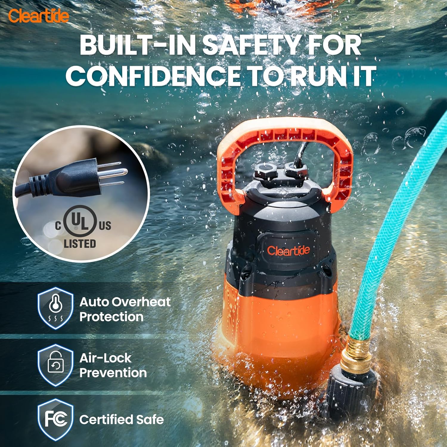 Cleartide Utility Pump, 8160 LPH Submersible Water Pump for Pool Draining, Hot Tub, Basement,100% Copper Motor, Electric Drain Pump Handles 1/8" Solids, 10 FT Cord