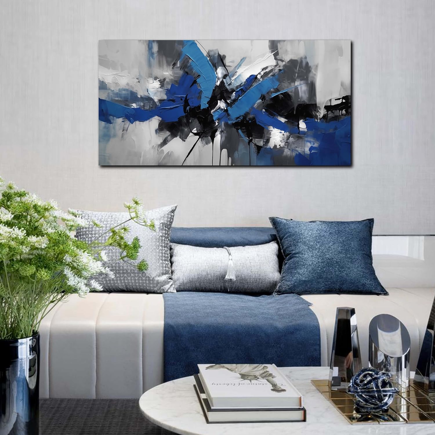 Large Abstract Wall Art for Living Room Canvas Wall Art Blue Black and White Pictures Wall Art for Living Room Bedroom Office Bathroom Kitchen Modern Canvas Artwork Decor Minimalist Artwork 20"x 40"