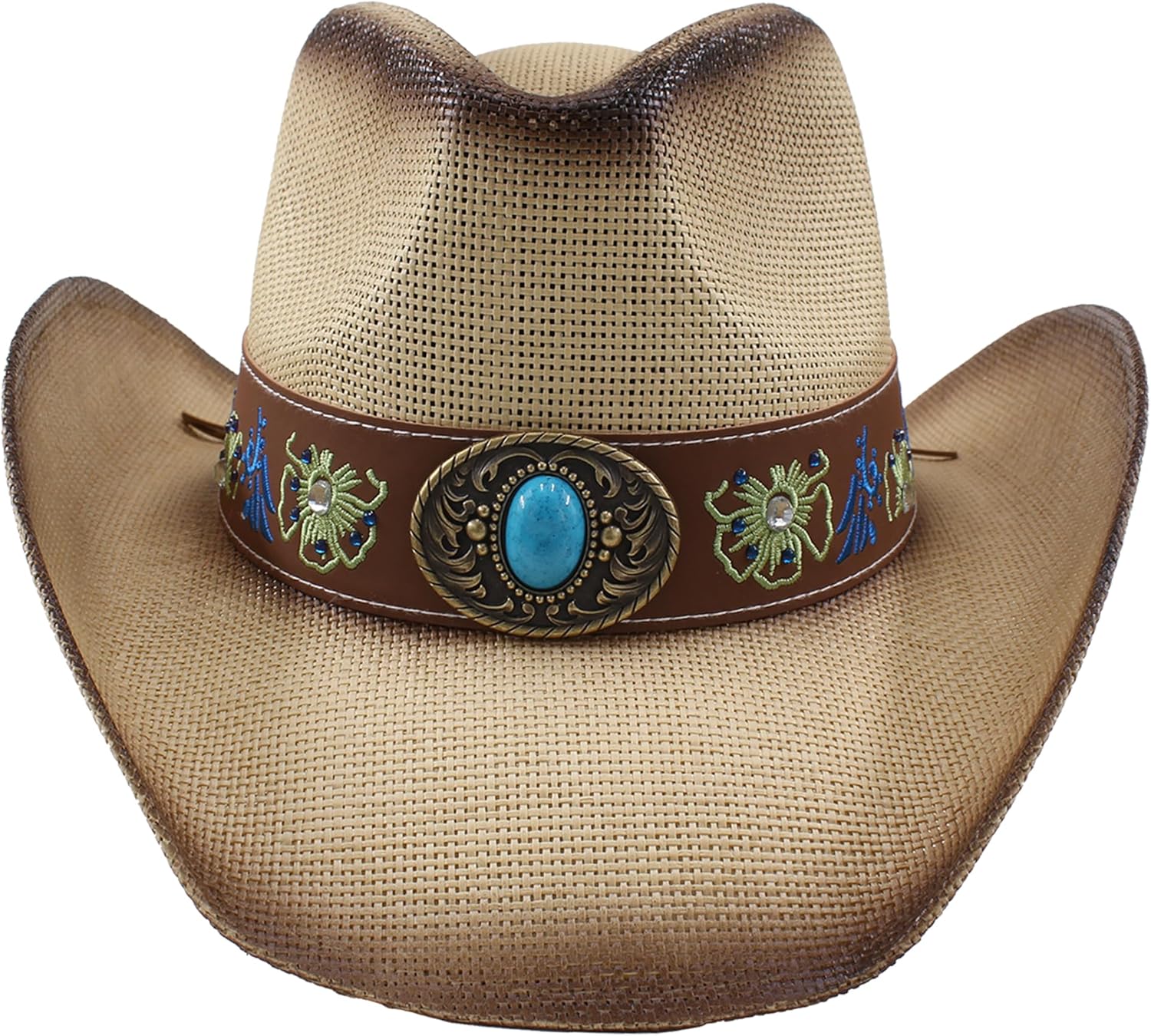 Western Cowboy Hat with Turquoise Decorative Band, Adjustable Unisex Straw Hat for Summer, Rodeos and Festivals