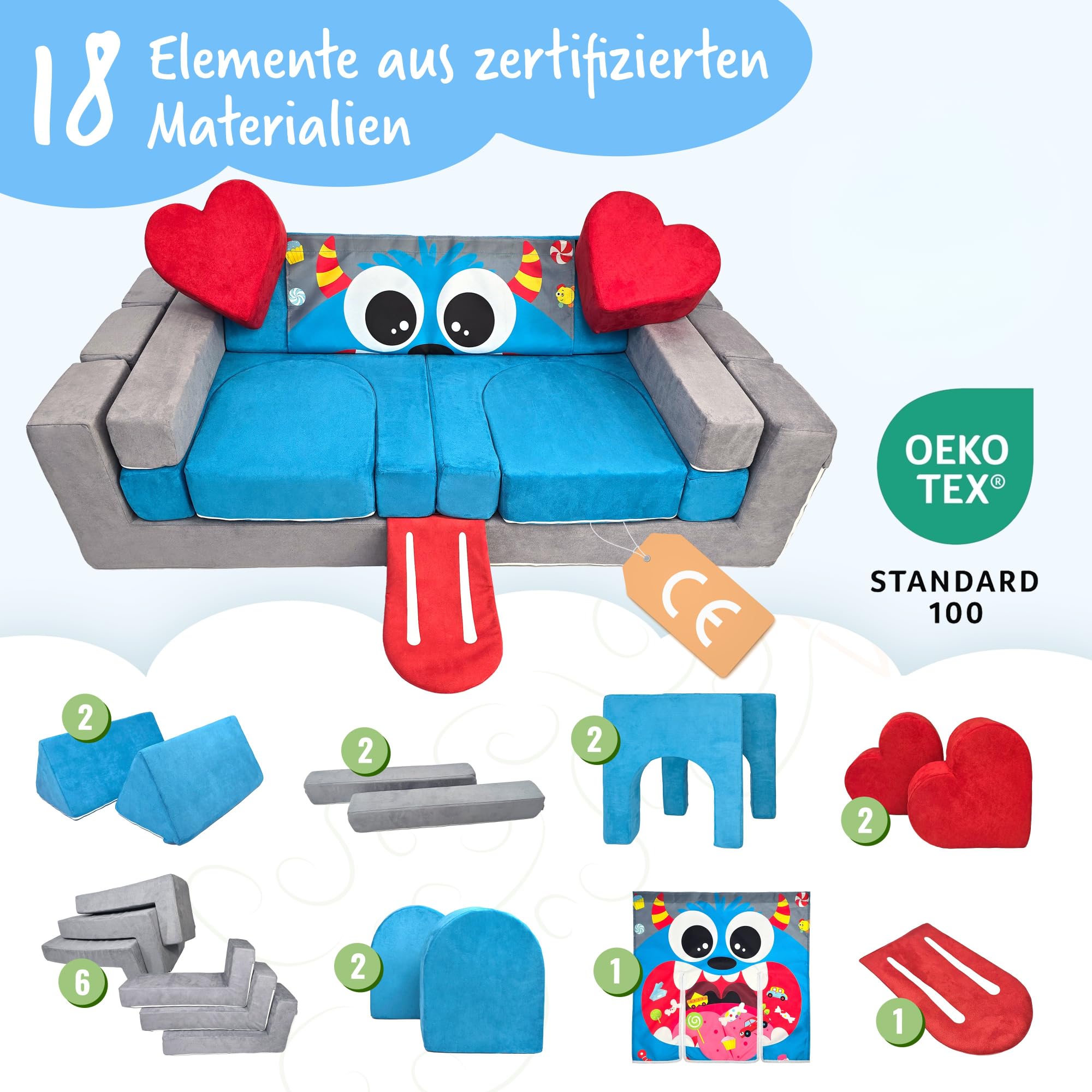 HAPPS Spielsofa – modulares Kindersofa & Kuschelecke – 18 Teile, 12 cm Polsterdicke – waschbare Bezüge & verdeckte Reißverschlüsse – Spielcouch zum Bauen, fördert Kreativität