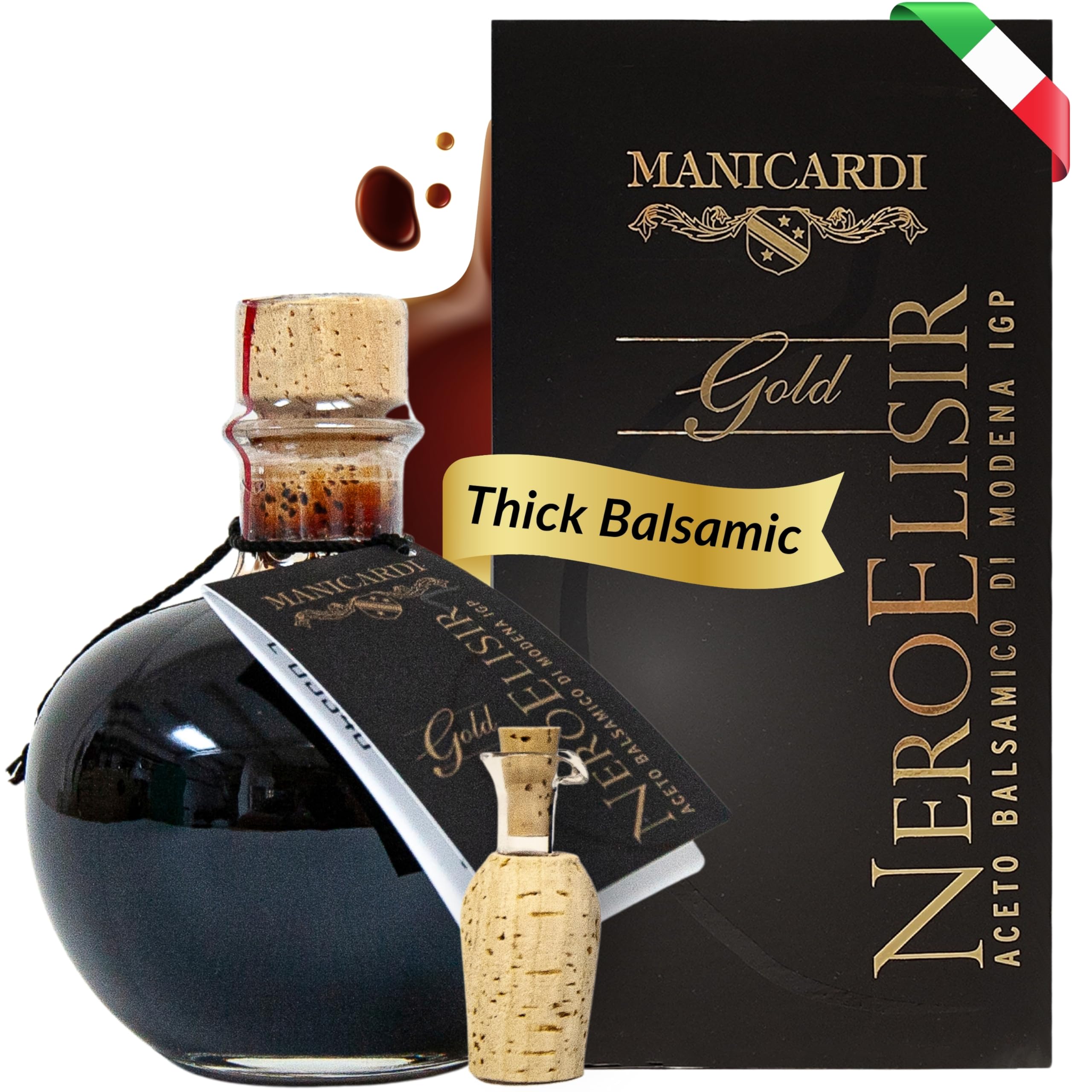 MANICARDI Ocet Balsamiczny z Modeny IGP Nero Elisir Gold- Włoski produkt z dozownikiem – Perfekcyjna Gęstość do Serów, Warzyw, Pieczonego Mięsa, Truskawek i Lodów, 250 ml