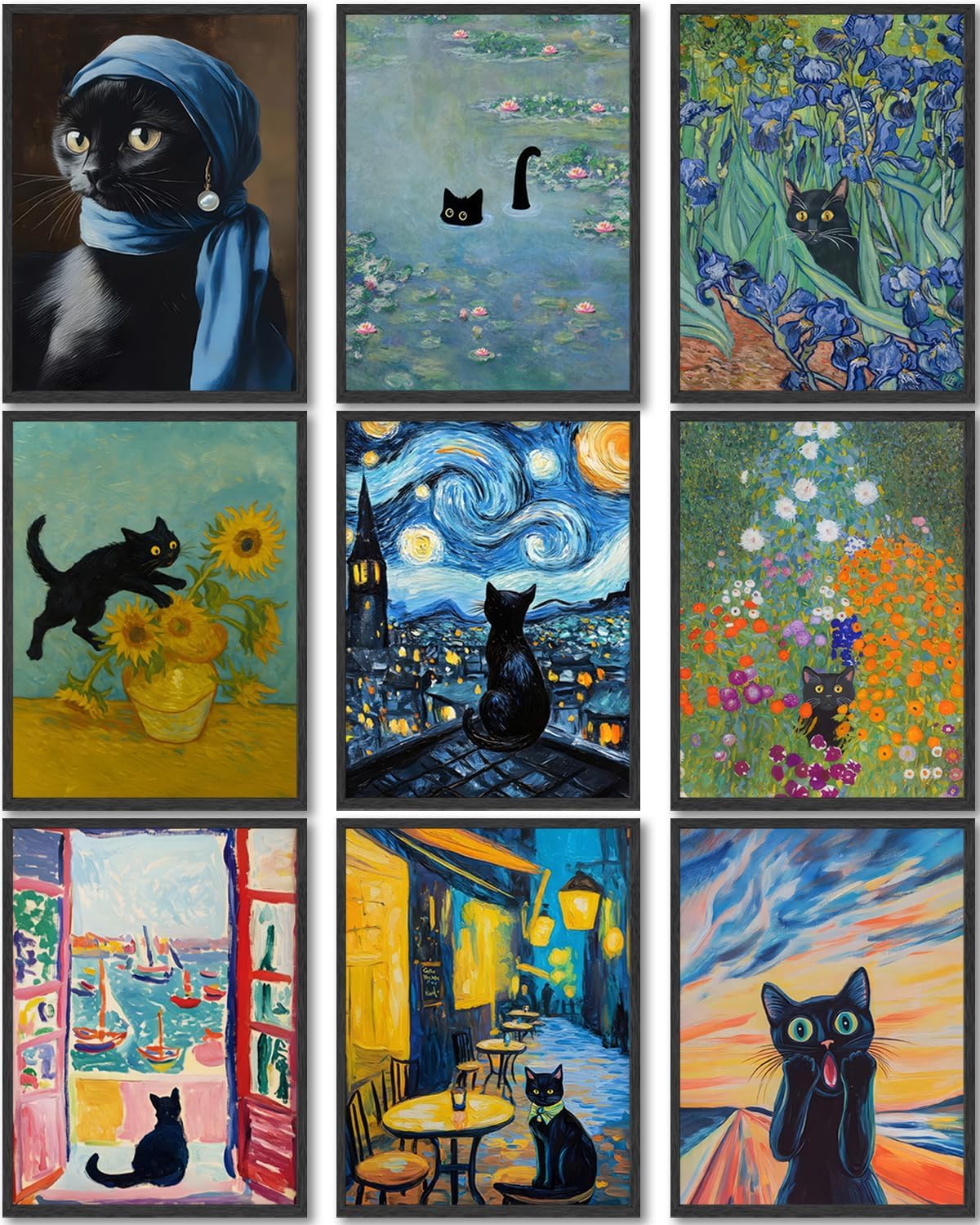 9Pcs Funny Black Cat Wall Art,Retro Black Cats in Famous Paintings Posters Prints,Cute Colorful Cats Aesthetic Pictures Wall Decor for Bathroom Bedroom Dorm Home Decor (8X10 Unframed)