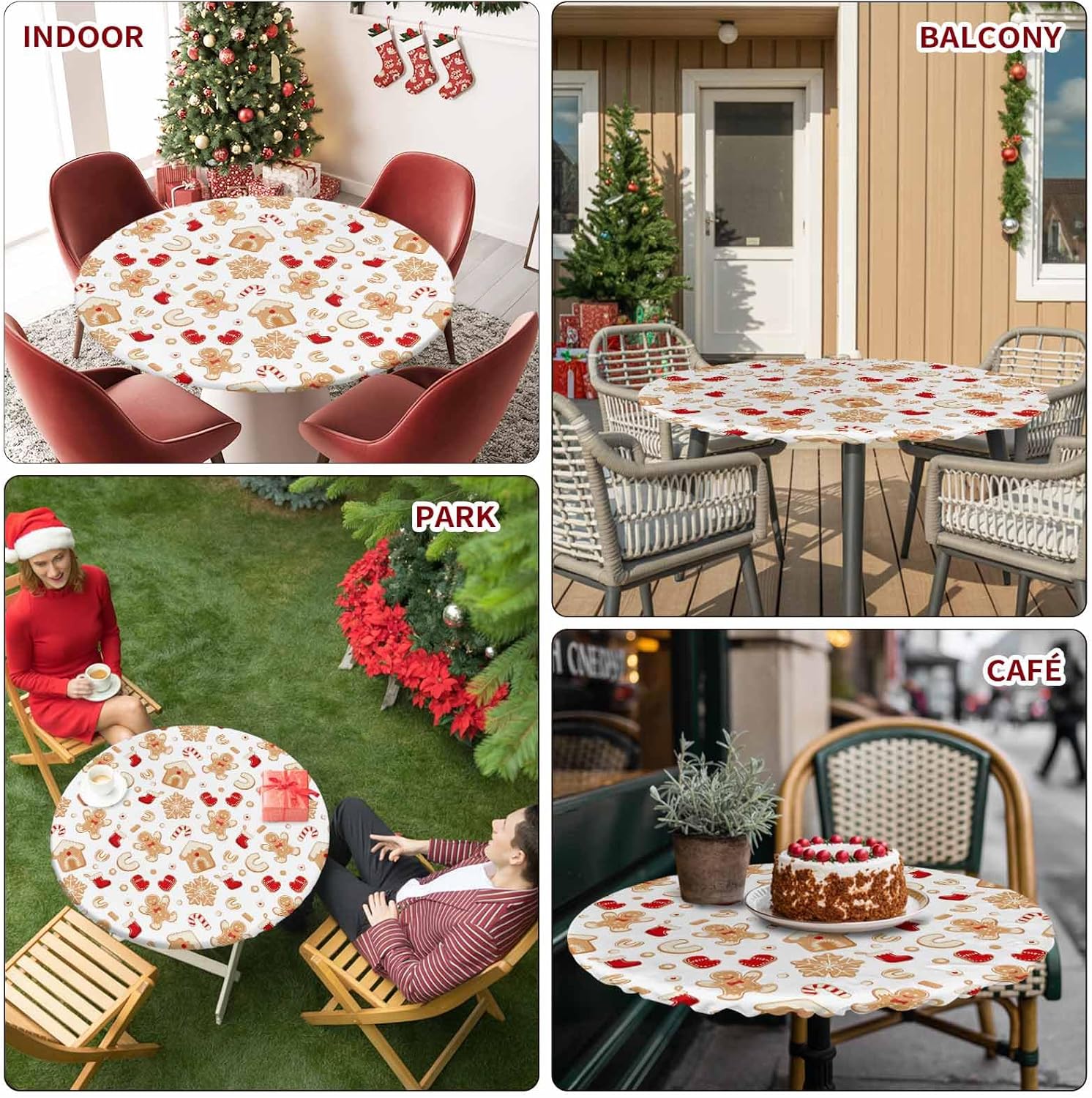 Christmas Gingerbread Round Fitted Tablecloth, Socks Glove Snowflake Candy Canes Winter Waterproof Table Cloth Table Cover with Elastic Edged for Outdoor Picnic Parties, Fits Tables up to 45" - 54"