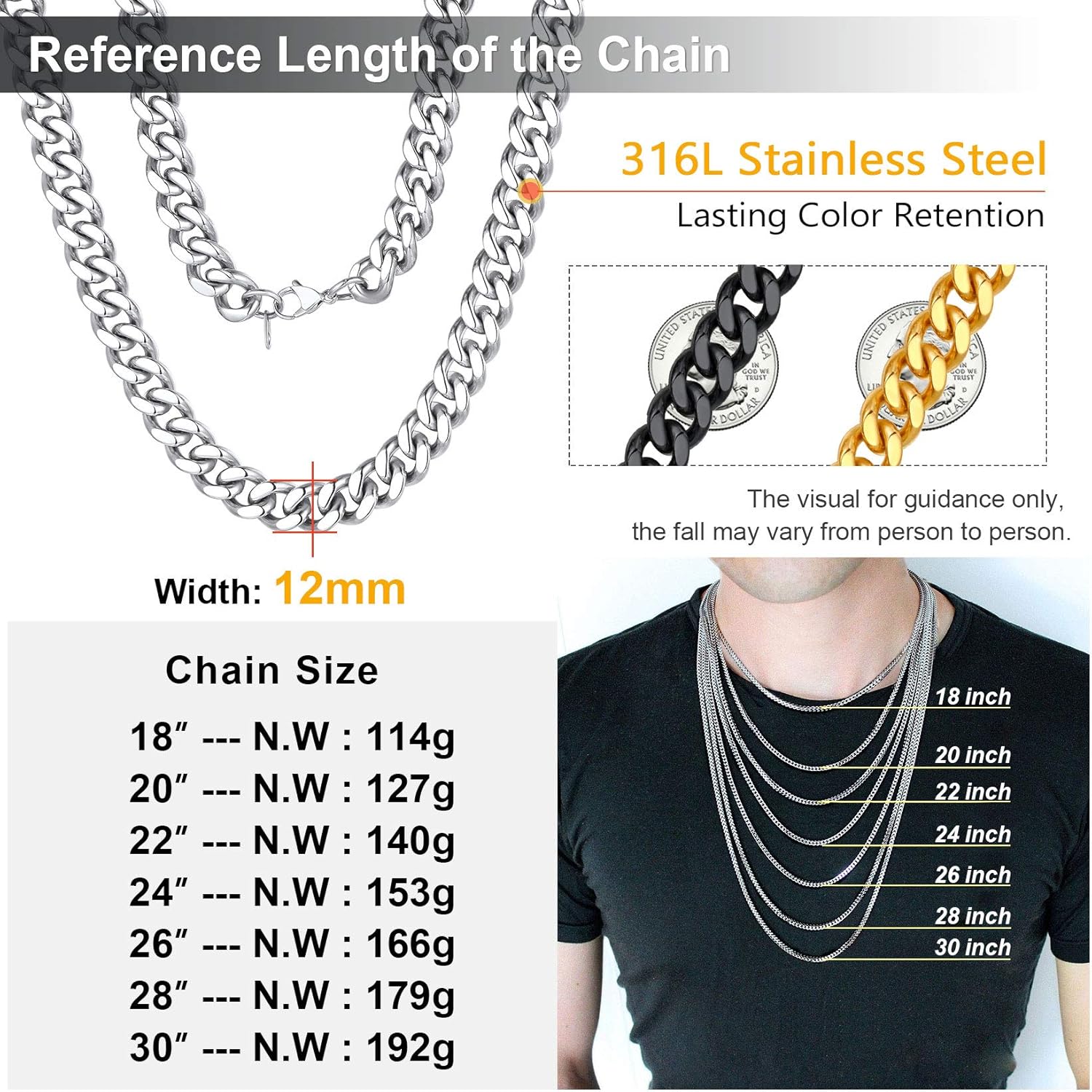 ChainsPro 14-30" Mens Sturdy Miami Cuban Chain Necklace, 5/7/9/12MM Width, 316L Stainless Steel/18K Gold Plated (Send Gift Box) - Image 6