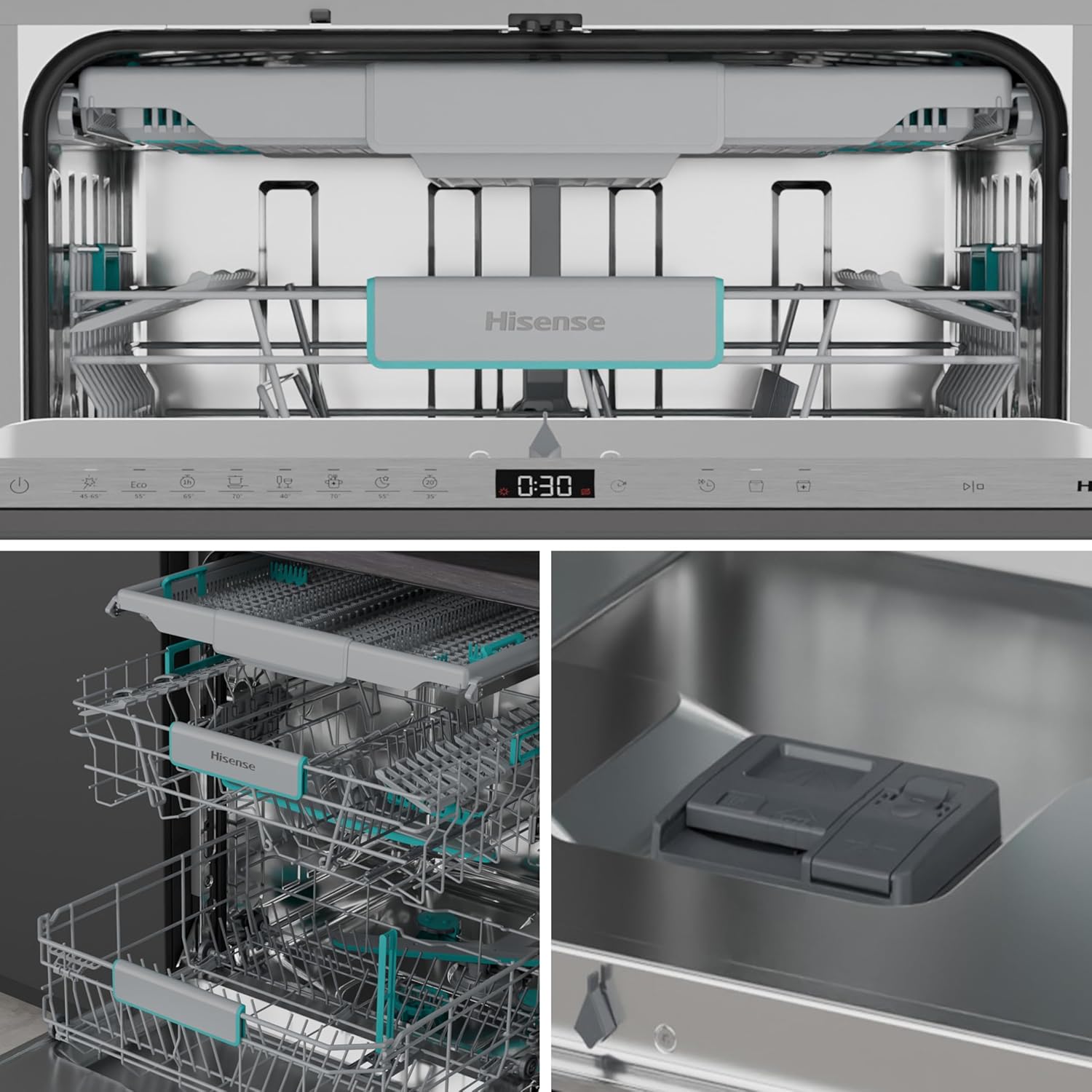 Primo piano del dispenser del detersivo e del brillantante della lavastoviglie Hisense HV16A.
