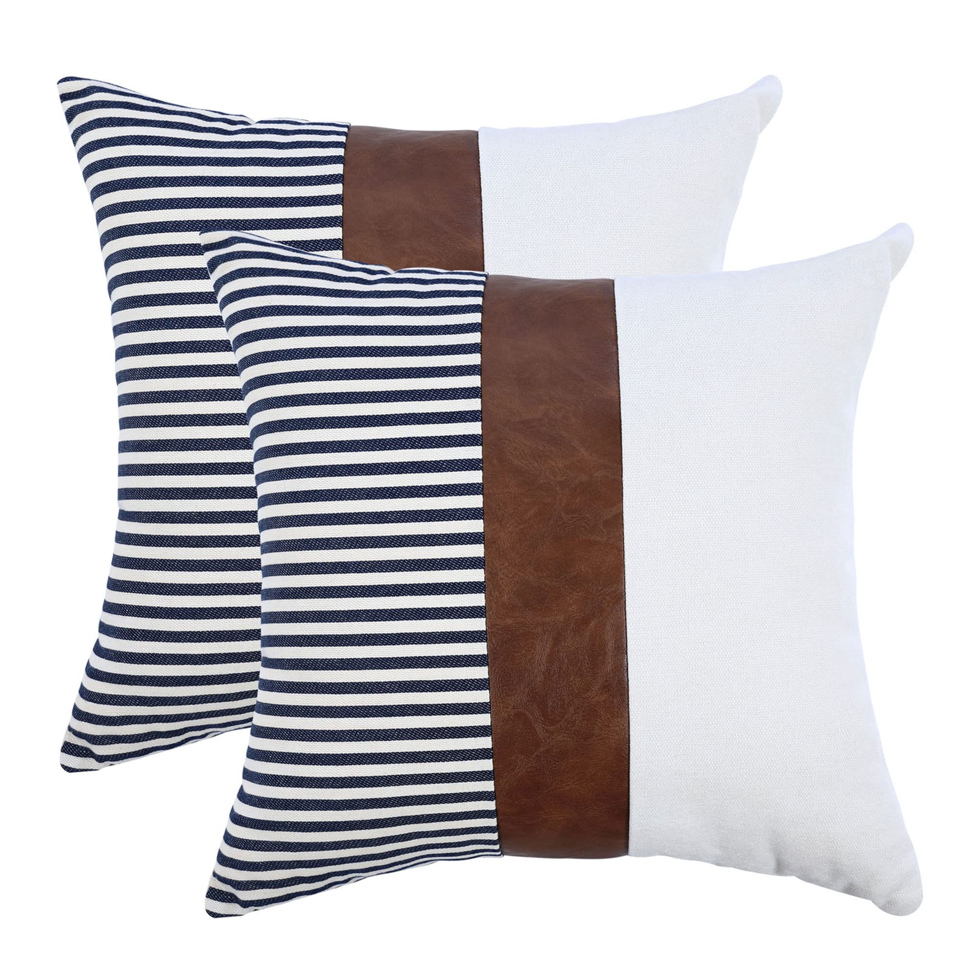 Photo 1 of *COVERS ONLY* BOYSUM Set of 2 Farmhouse Decorative Throw Pillow Covers Black Striped Patchwork Linen Pillow Covers Brown Faux Leather Modern Outdoor Decor Cushion Case 16x16 Inch, Navy Blue Navy Blue 16"x16"