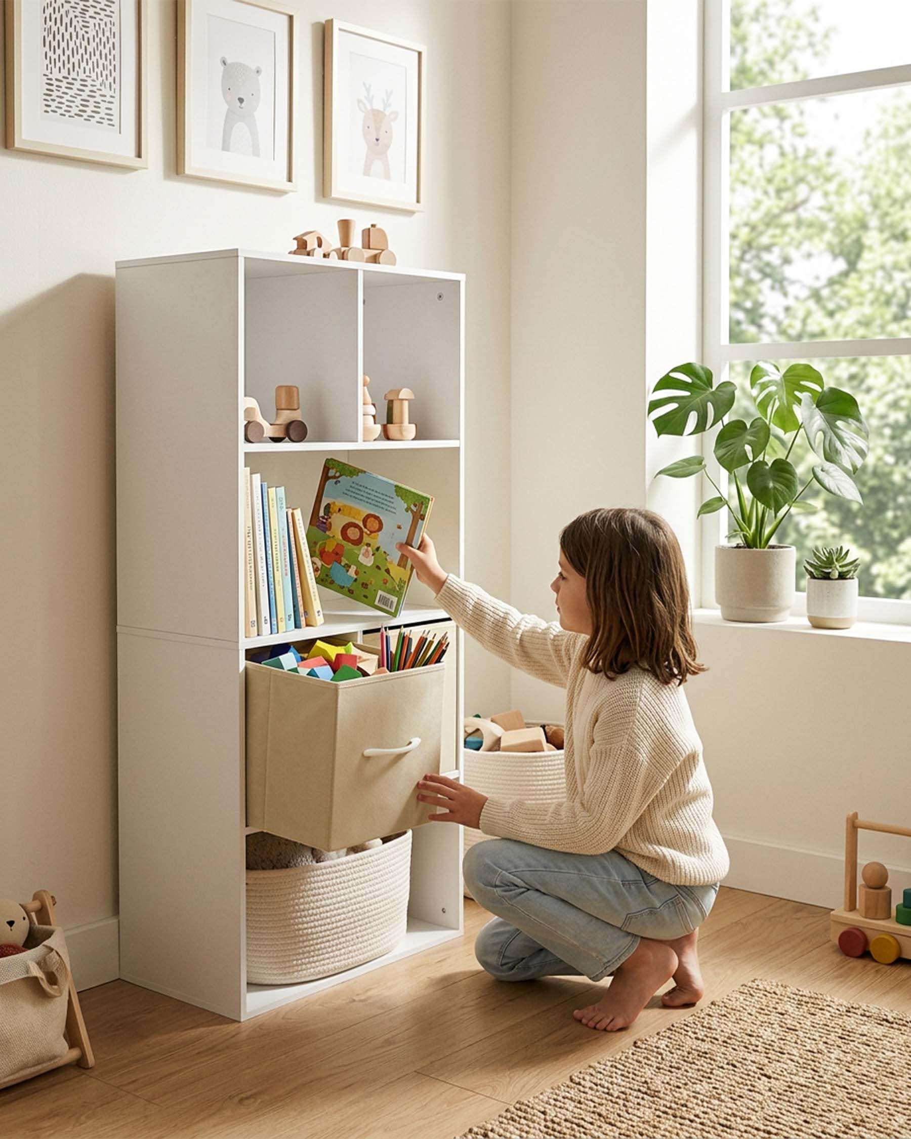 Libreria per Bambini e Ragazzi Scaffale porta Giocattoli con 2 Cassetti in Tessuto Mobile porta Libri Multiuso per Cameretta e Soggiorno Struttura Stabile 50 x 29 x 121 cm Bianco